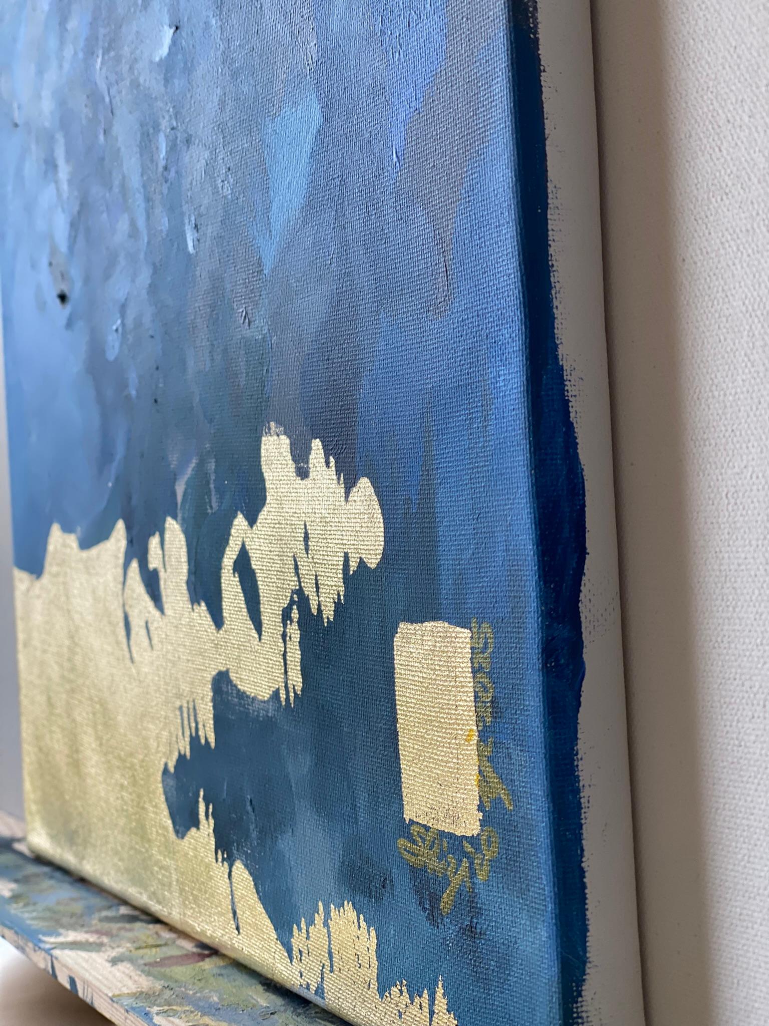 Diptyque original -Série Soleil : Rouge et bleu - Artiste britannique primé - Feuille d'or en vente 6