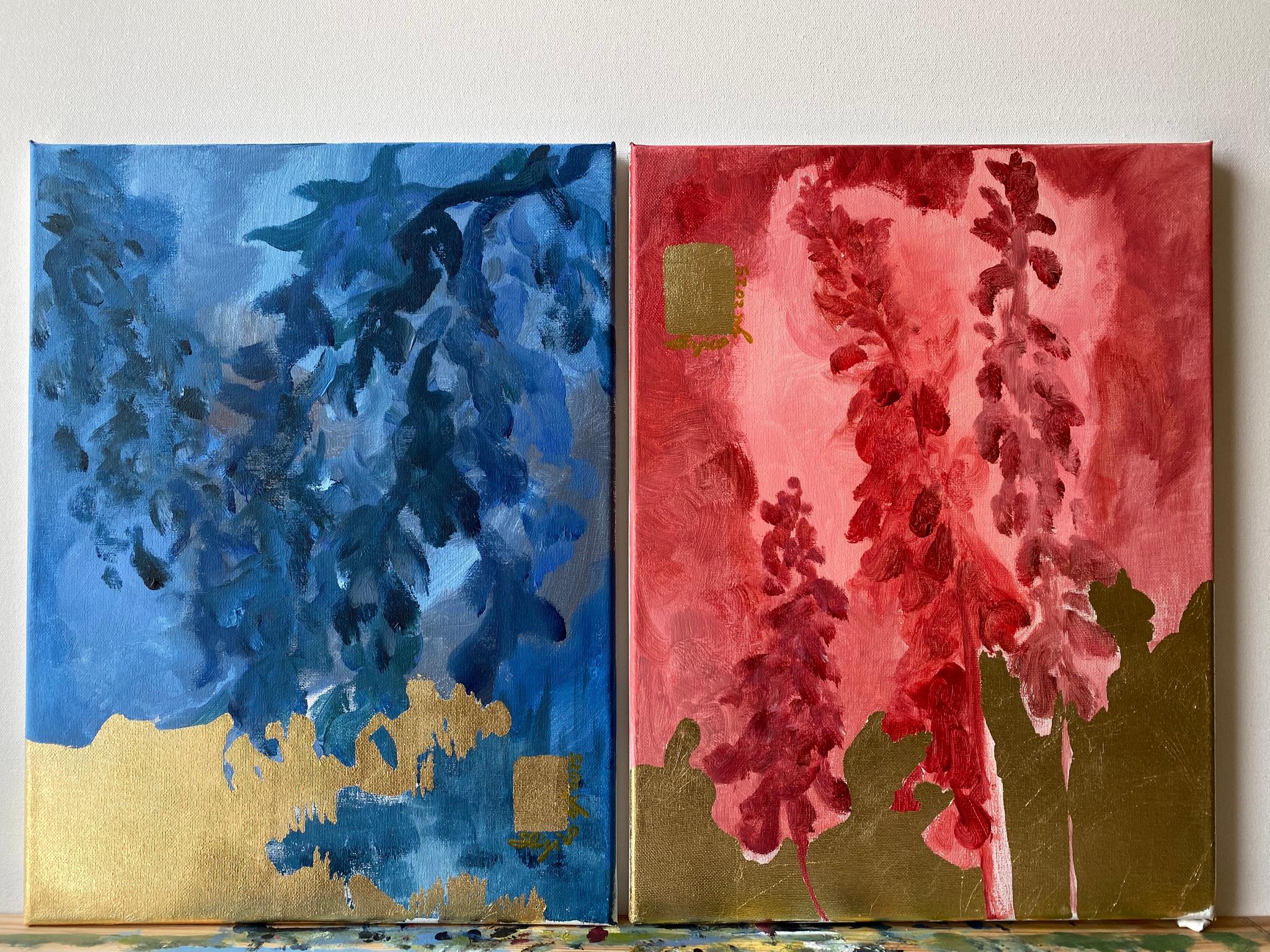 Diptyque original -Série Soleil : Rouge et bleu - Artiste britannique primé - Feuille d'or en vente 14