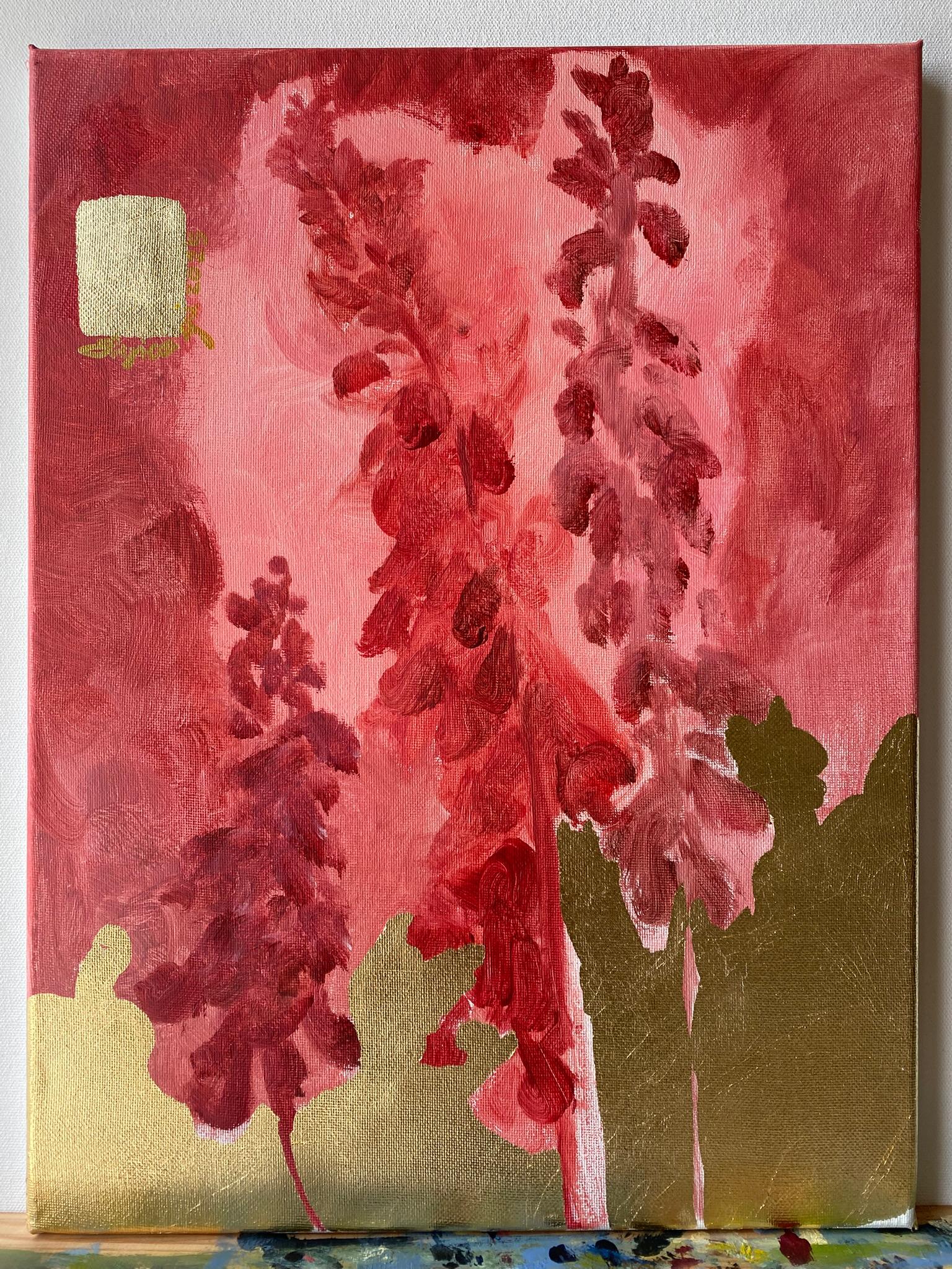 Diptyque original -Série Soleil : Rouge et bleu - Artiste britannique primé - Feuille d'or - Expressionnisme abstrait Painting par Shizico Yi