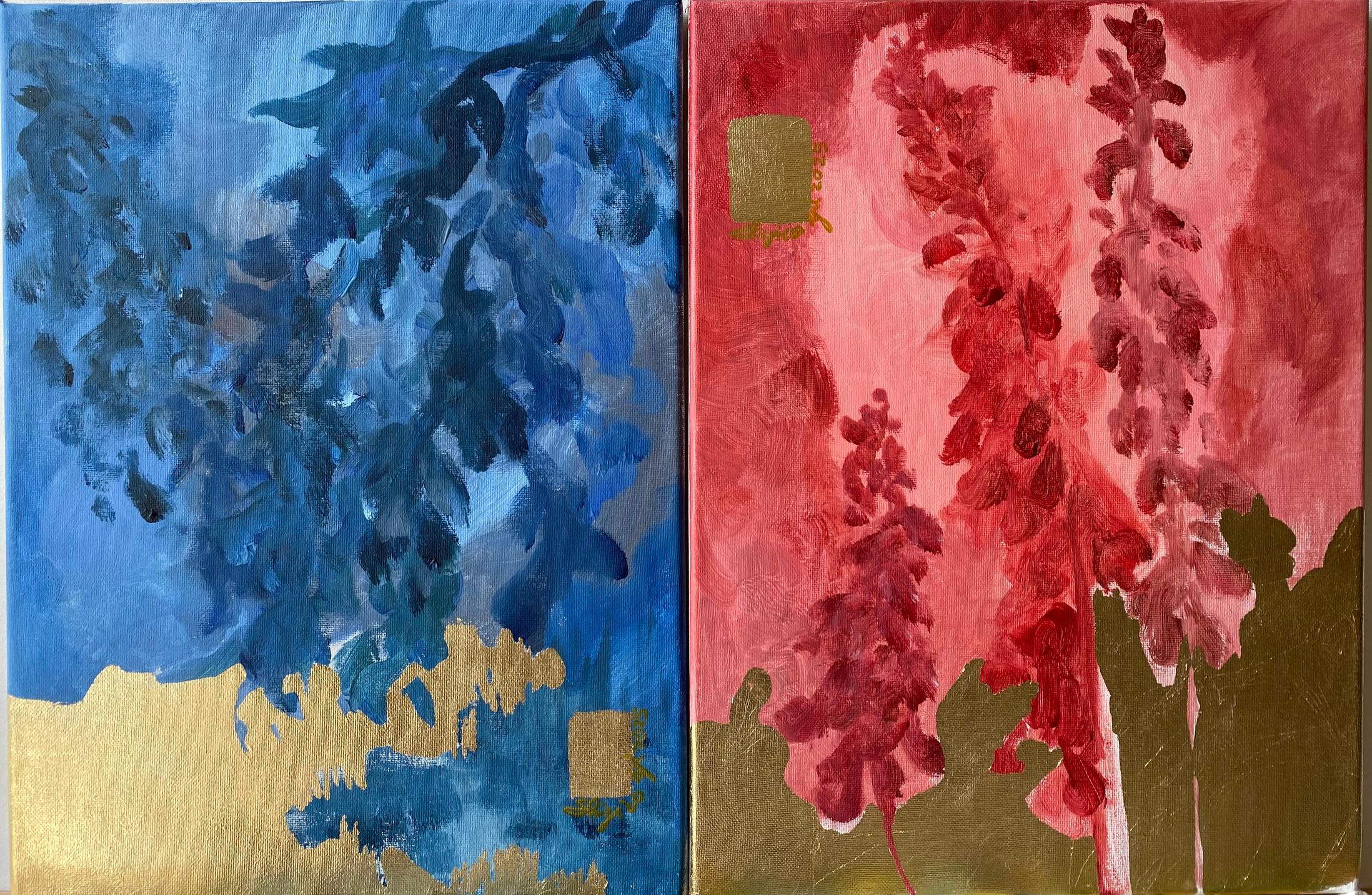 Díptico Original -Serie Sunlit: Rojo y Azul-Artista Británico Premiado-Lámina de Oro