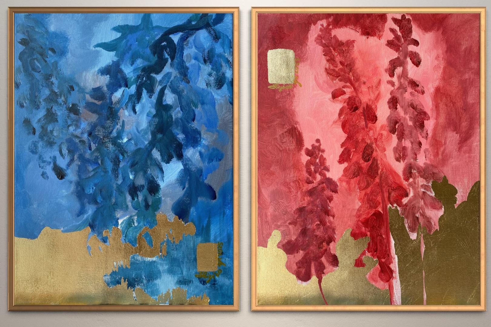 Original Diptychon-Sonnenschein-Serie: Rot und Blau - Britisch ausgezeichneter Künstler - Blattgold