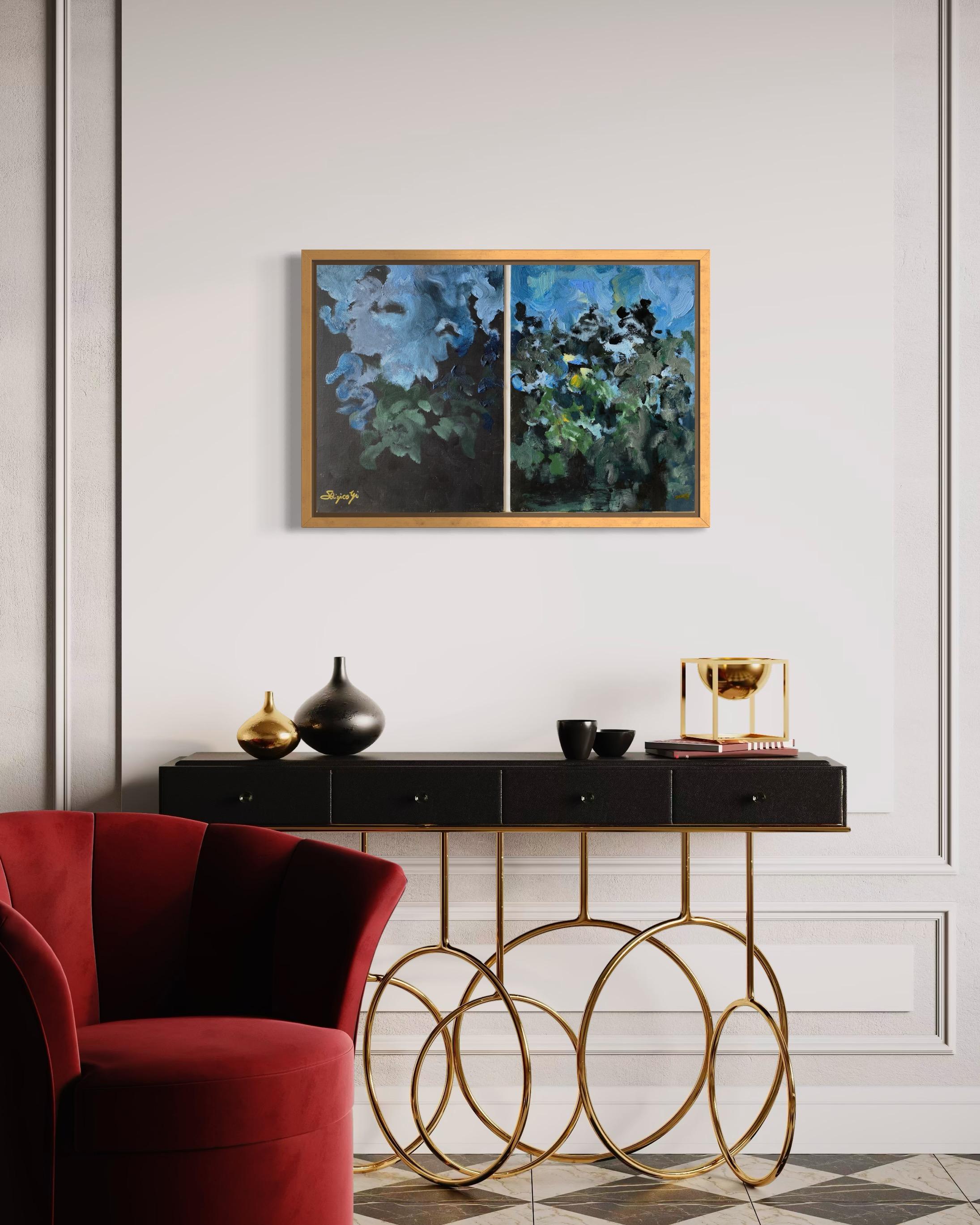 Original Diptychon-Sunset Song-British Awarded Artist-Abstrakte impressionistische Ölmalerei – Painting von Shizico Yi