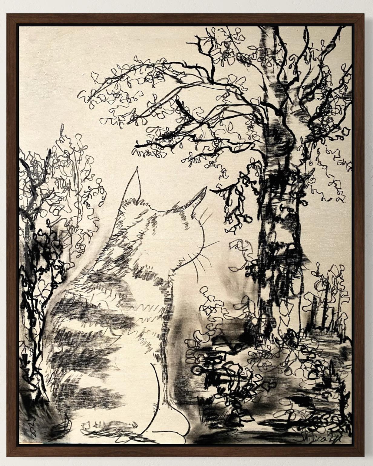 Original-Zeichnung auf Holz-Katze mit Linde-British Awarded Artist-Große Tafel