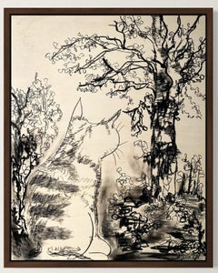 Dibujo original sobre madera-Gato con tilo-Artista británico galardonado-Panel grande