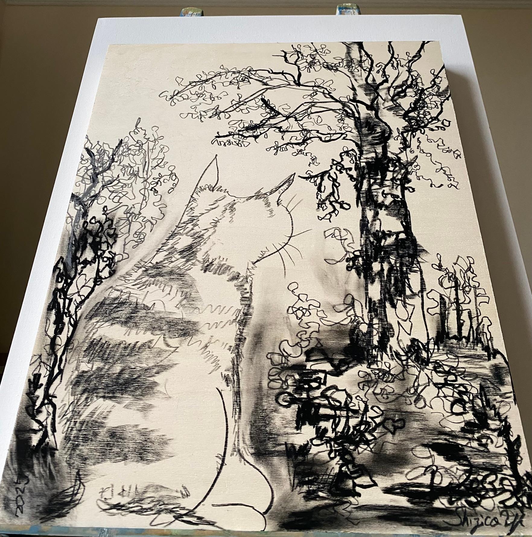 Original Drawing on Wood-Breakfast with Cat-British Awarded Artist-Large panel For Sale 16