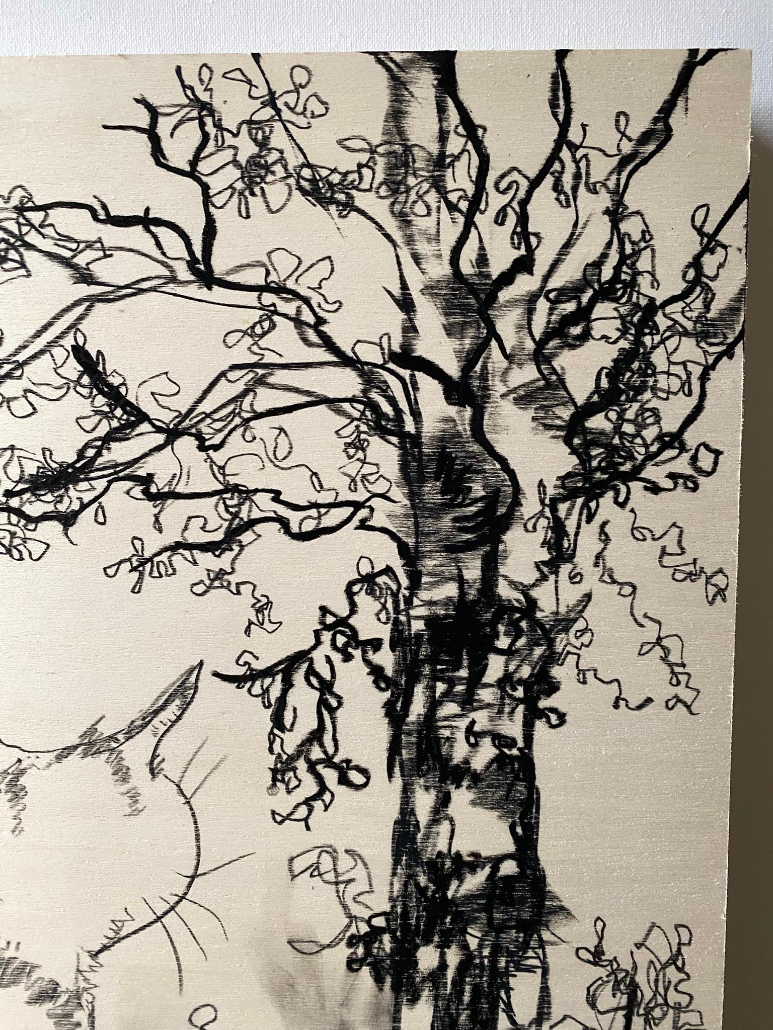 Original Drawing on Wood-Breakfast with Cat-British Awarded Artist-Large panel - Beige Landscape Art by Shizico Yi