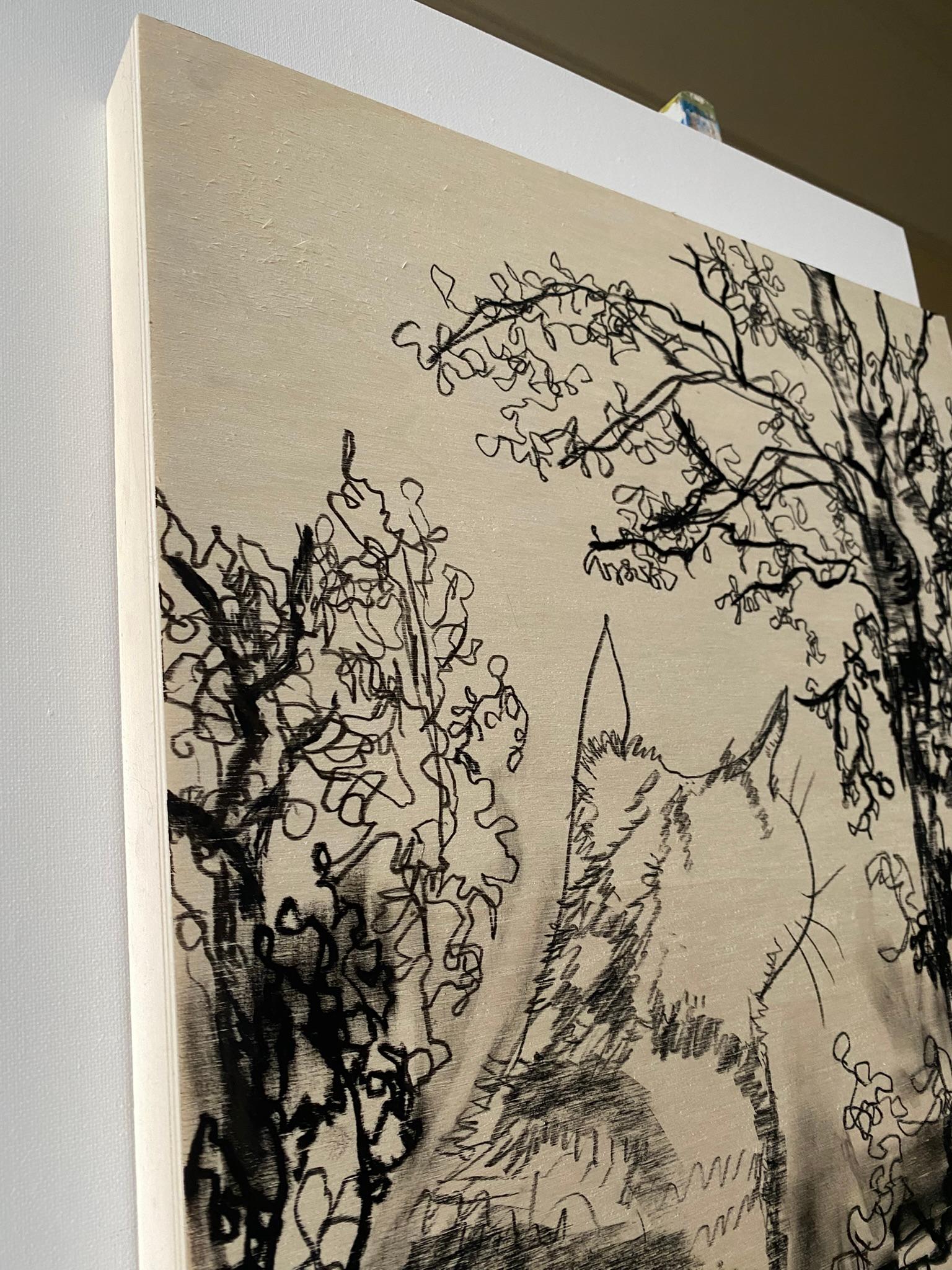 Original Drawing on Wood-Breakfast with Cat-British Awarded Artist-Large panel For Sale 17