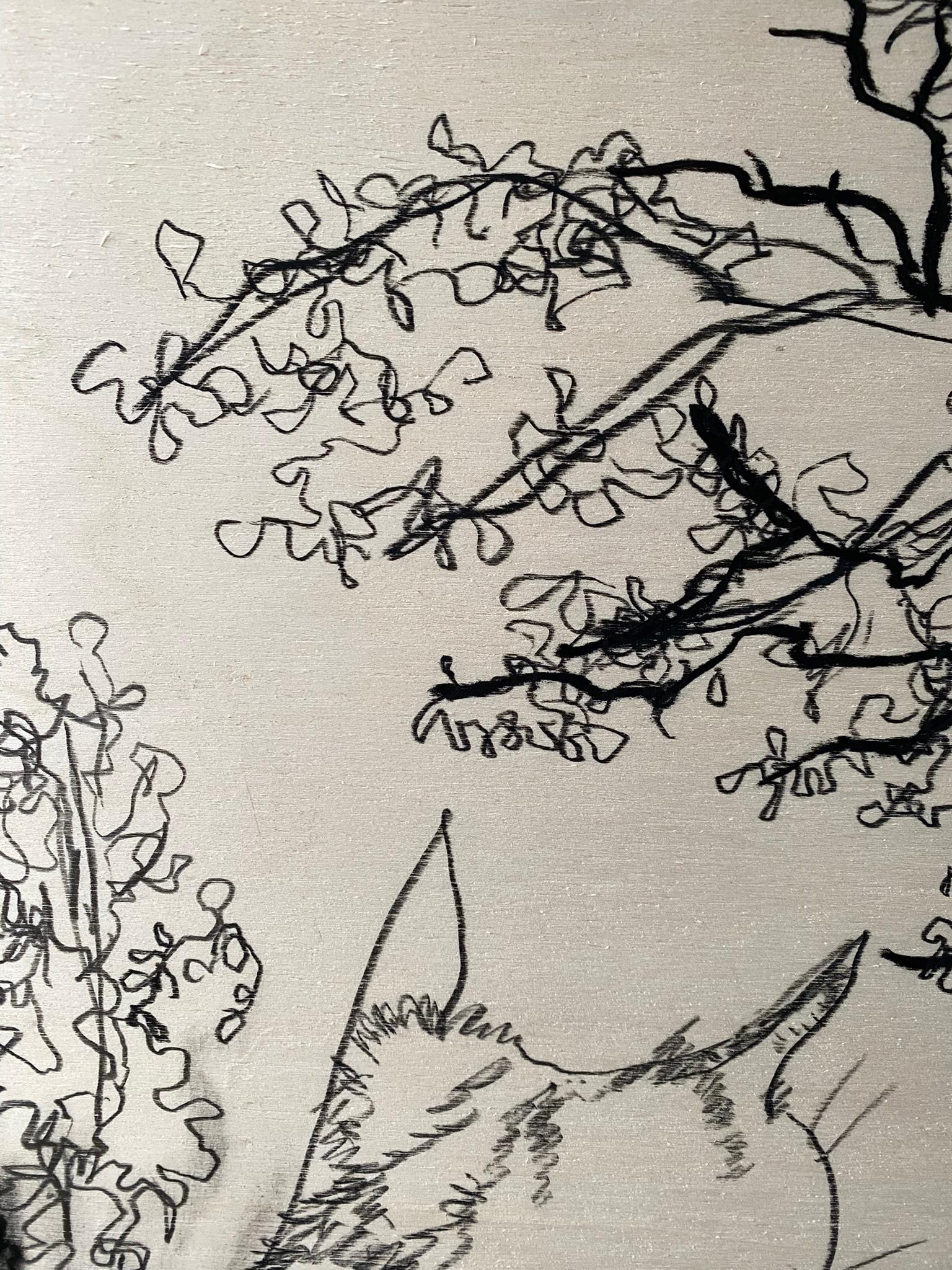 This special large drawing on wood board (ready to hang) created by Shizico in early autumn where her Cat and the garden take centre stage. The pictorial language in this series pays homage to Japanese Woodblock prints; Shizico sees Cat a symbol of