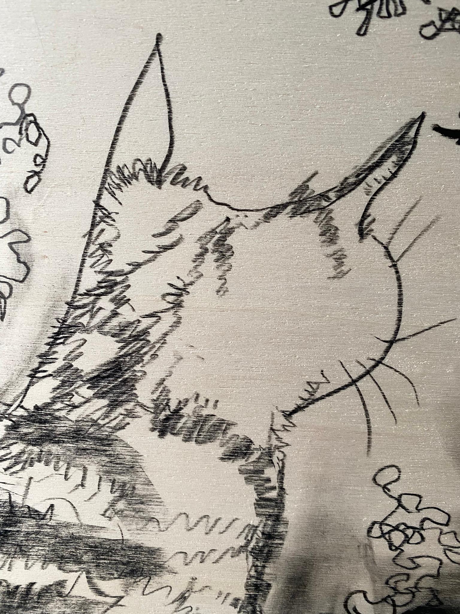 Original Drawing on Wood-Breakfast with Cat-British Awarded Artist-Large panel For Sale 1