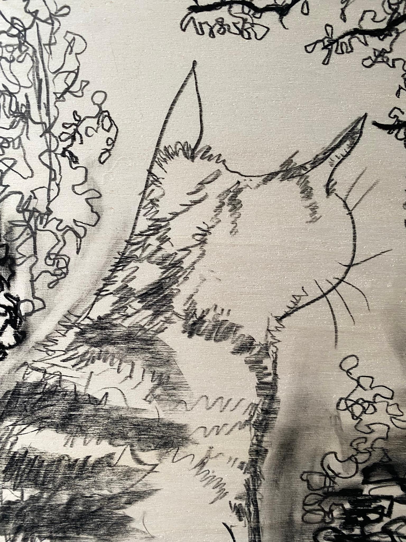 Original Drawing on Wood-Breakfast with Cat-British Awarded Artist-Large panel For Sale 5
