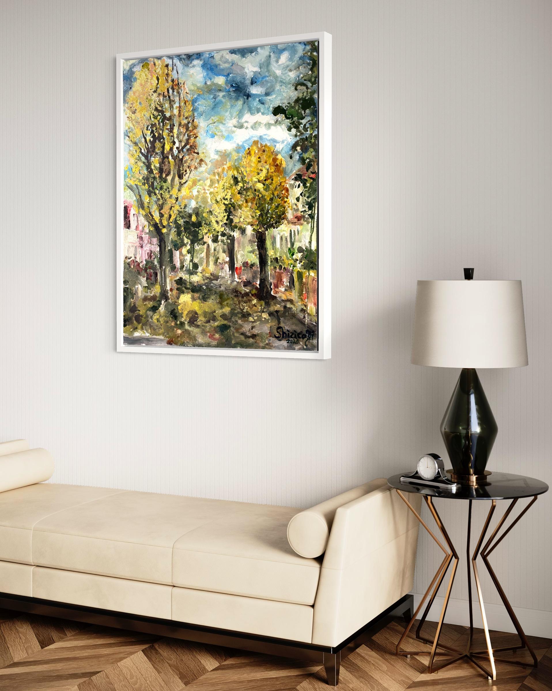 Original-Enmarcado-Gran Óleo-Otoño en Londres-Artista Británico Premiado-Impresionista - Painting de Shizico Yi