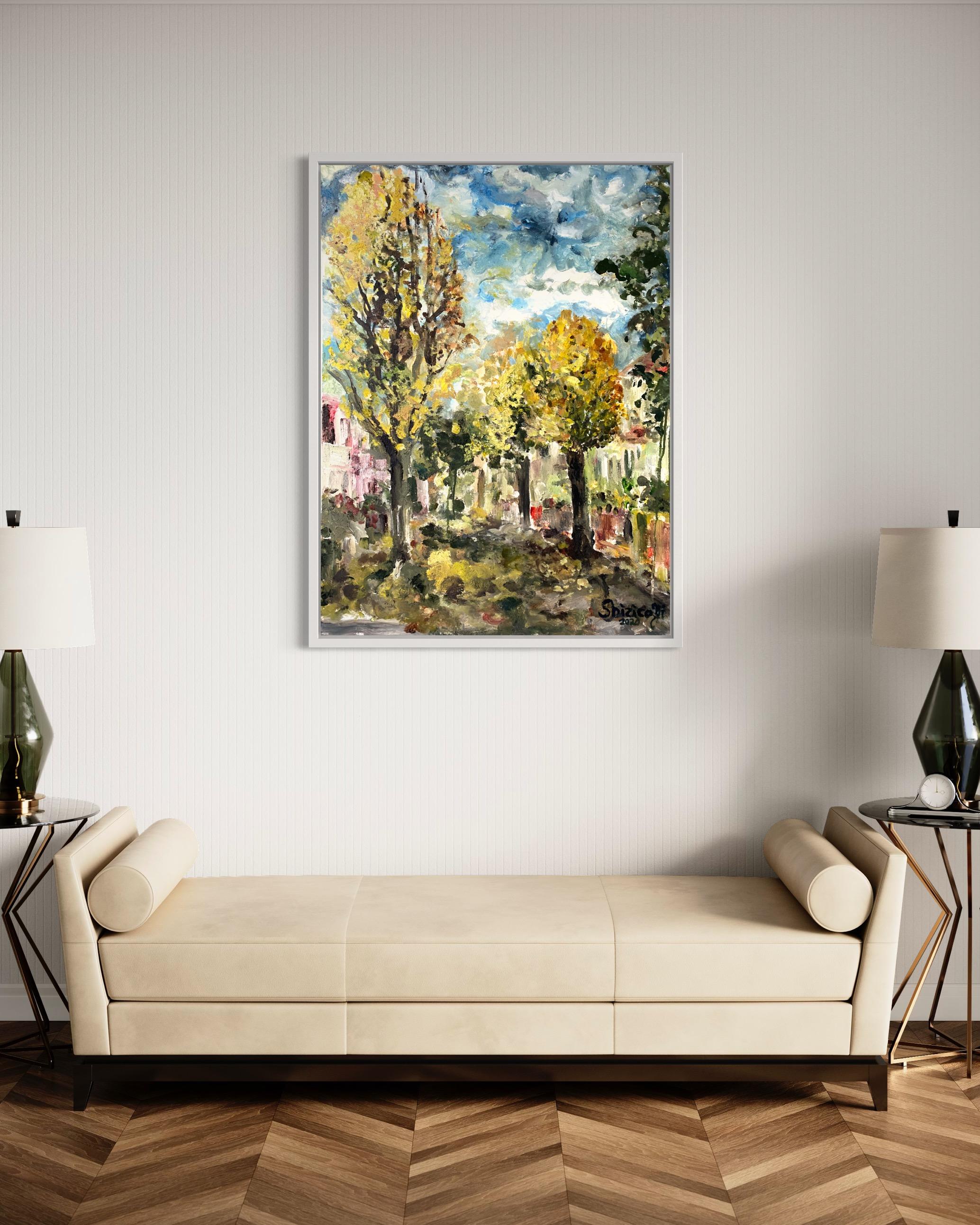 Original-Enmarcado-Gran Óleo-Otoño en Londres-Artista Británico Premiado-Impresionista en venta 16