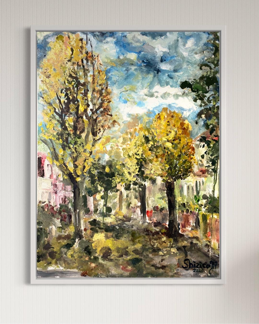Original-Enmarcado-Gran Óleo-Otoño en Londres-Artista Británico Premiado-Impresionista - Abstract Painting Marrón de Shizico Yi
