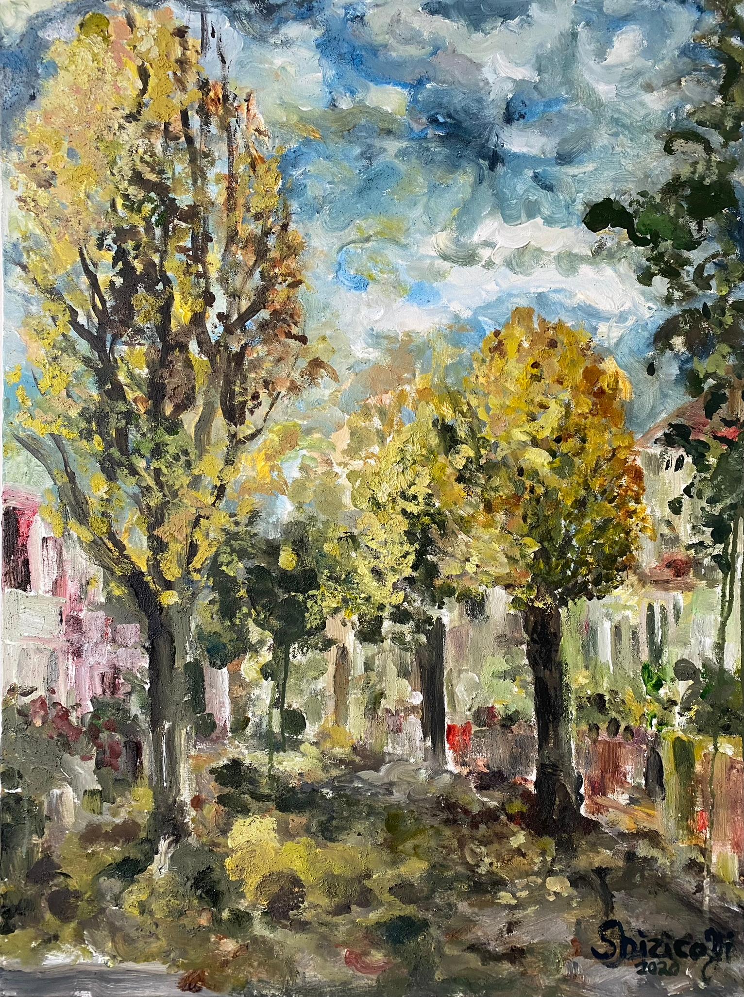 Olio originale incorniciato di grandi dimensioni-Autunno a Londra-Artista britannico premiato-Impressionista