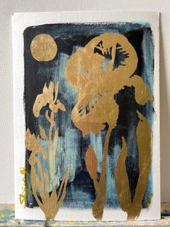 Original Garden Story-Benton Iris at SummerNight-British Artist-Gold leaf on Oil