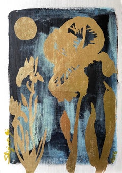 Original Garden Story-Benton Iris at SummerNight-British Artist-Gold leaf on Oil