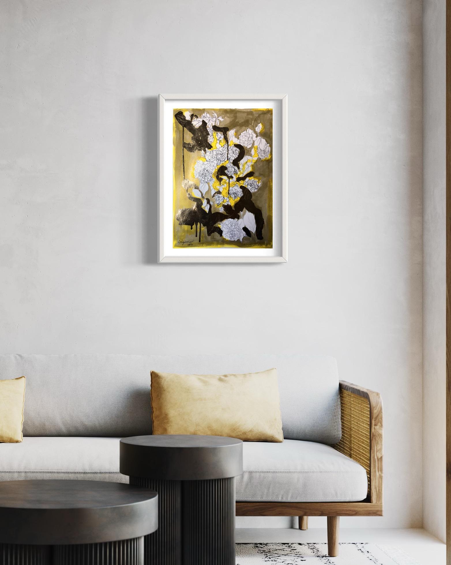 Original-Golden Summer-Sunlit roses-UK Awarded Artist-oro y tinta sobre papel-raro - Painting de Shizico Yi