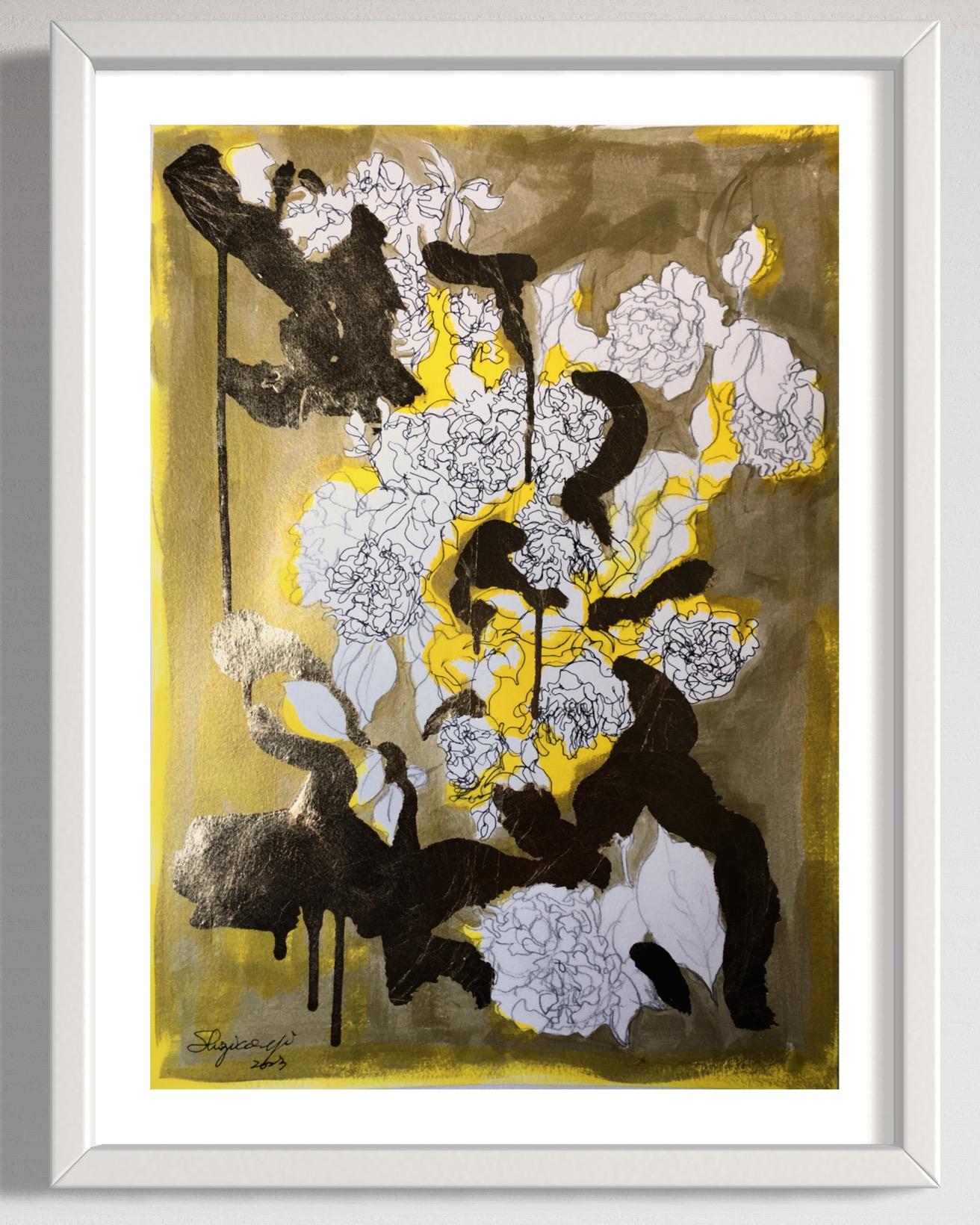 Original-Golden Summer-Sunlit roses-UK Awarded Artist-oro y tinta sobre papel-raro - Painting Expresionismo abstracto de Shizico Yi