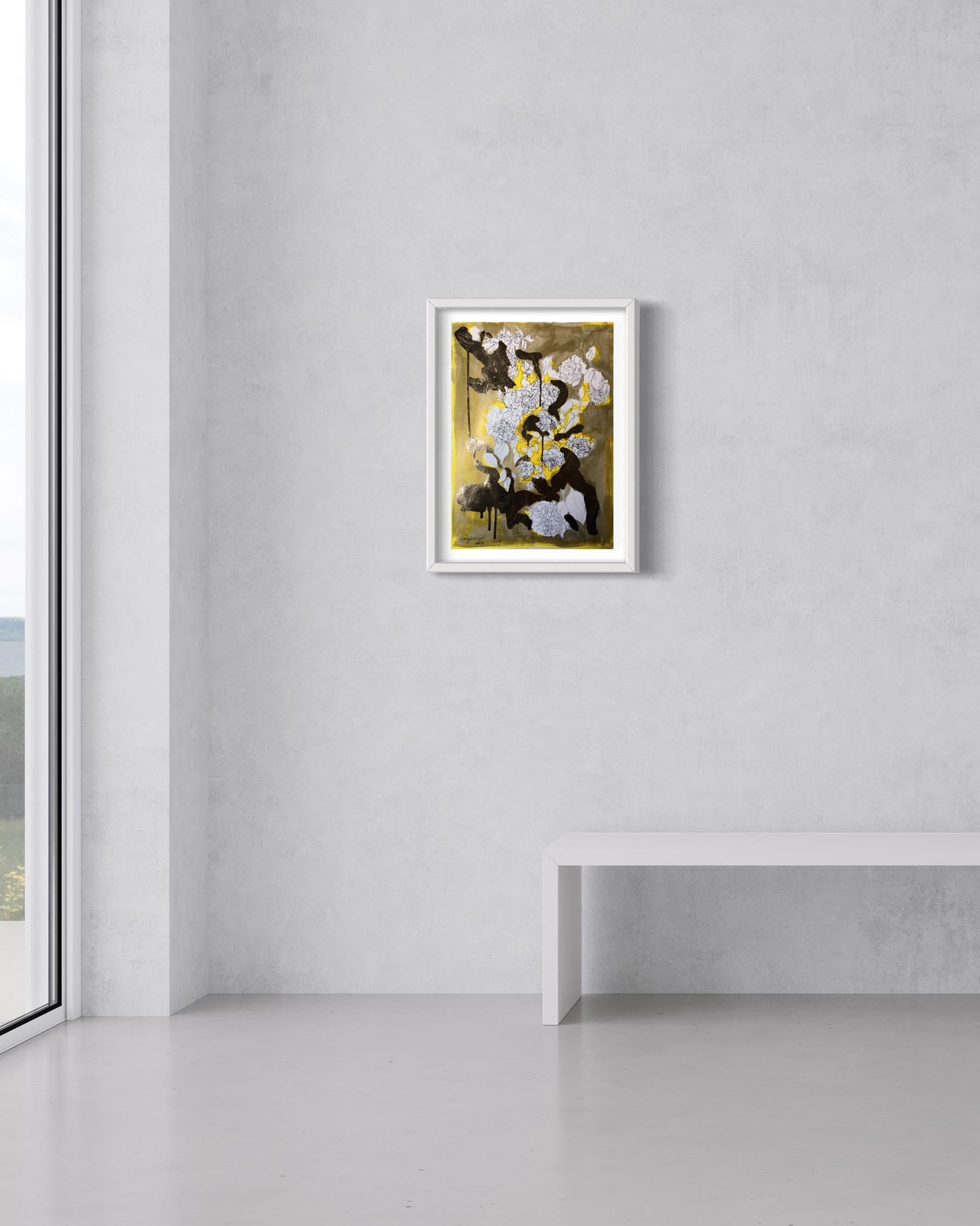 Original-Golden Summer-Sunlit roses-UK Awarded Artist-oro y tinta sobre papel-raro 4