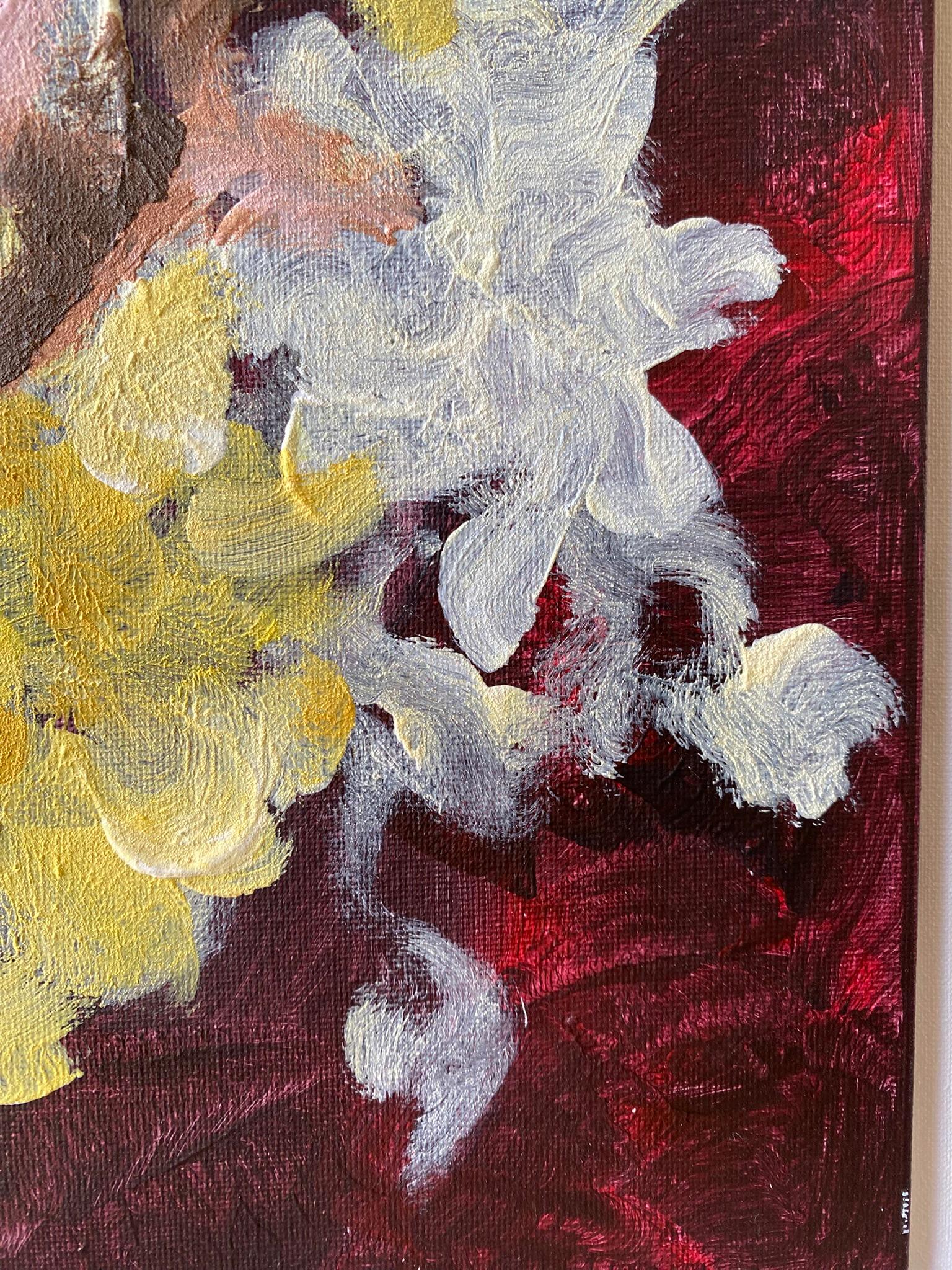 Originale-Impasto-Jardin d'Hiver-Dahlia su rosa rampicante-Artista britannico premiato in vendita 5