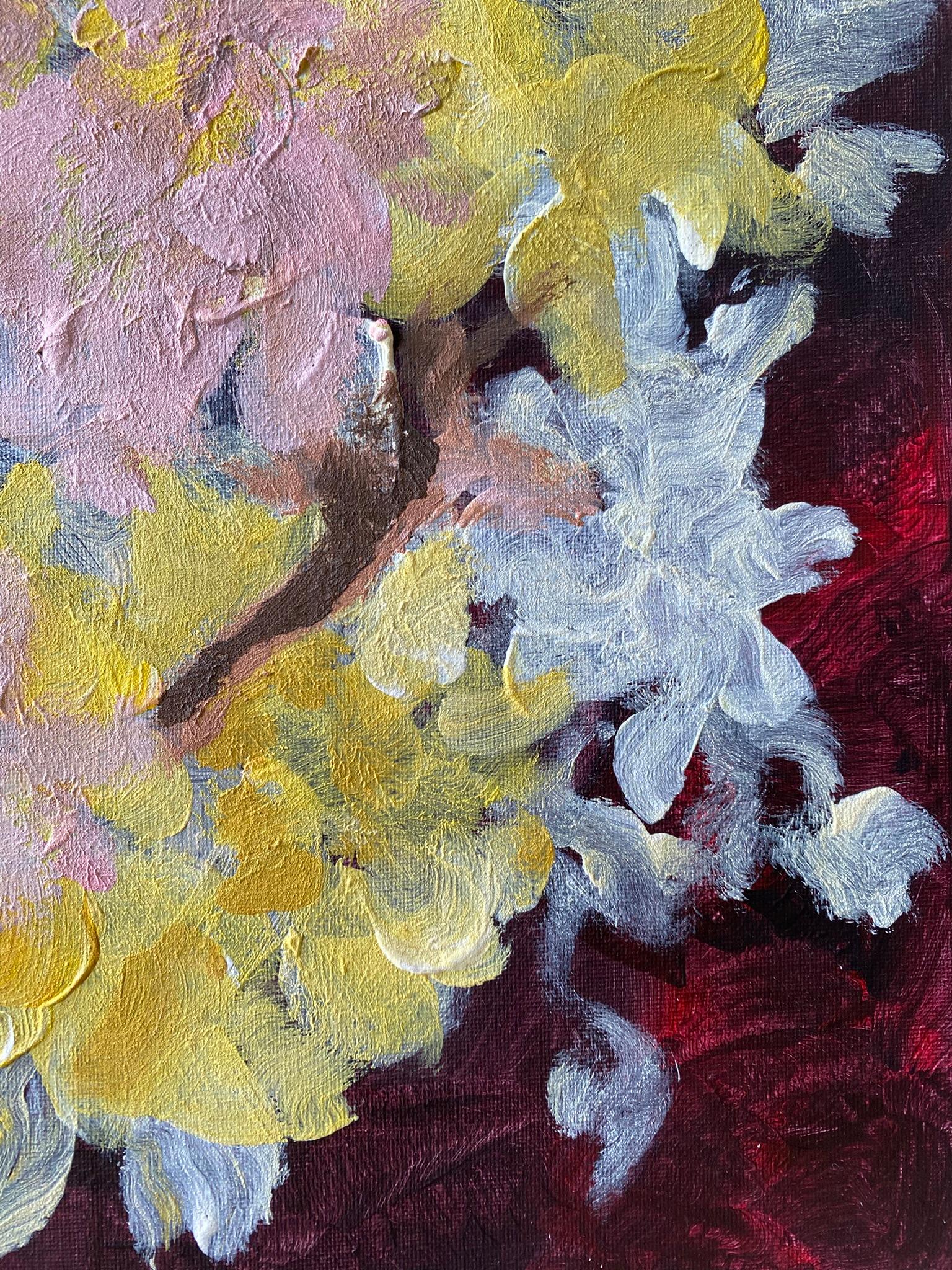 Originale-Impasto-Jardin d'Hiver-Dahlia su rosa rampicante-Artista britannico premiato in vendita 9