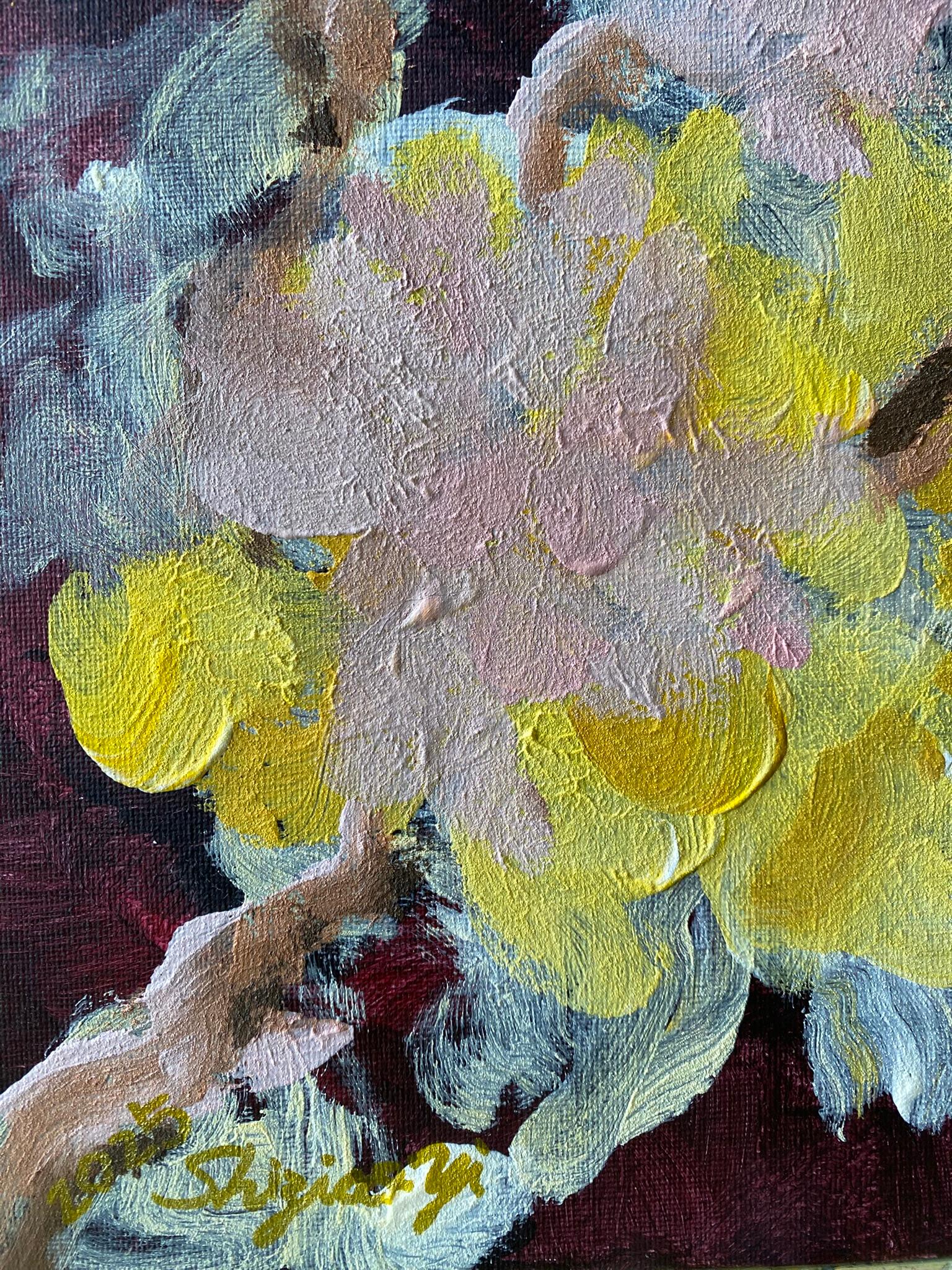 Originale-Impasto-Jardin d'Hiver-Dahlia su rosa rampicante-Artista britannico premiato in vendita 10