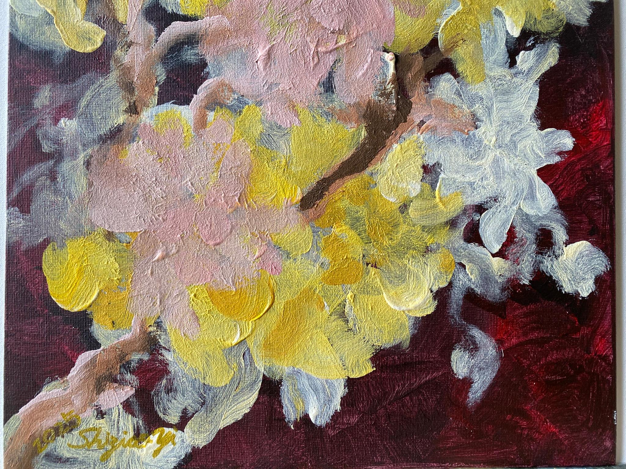 Originale-Impasto-Jardin d'Hiver-Dahlia su rosa rampicante-Artista britannico premiato in vendita 14