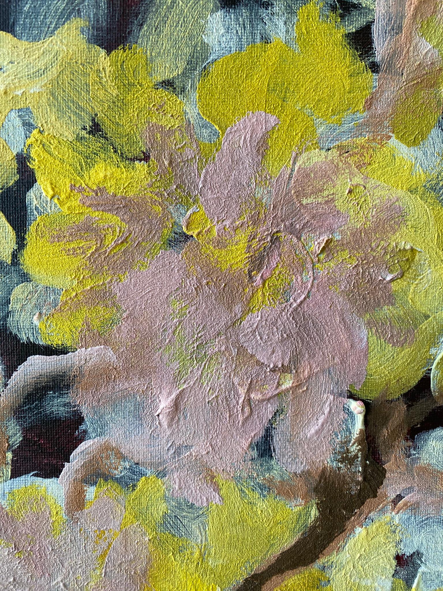 Originale-Impasto-Jardin d'Hiver-Dahlia su rosa rampicante-Artista britannico premiato - Painting Impressionismo astratto di Shizico Yi