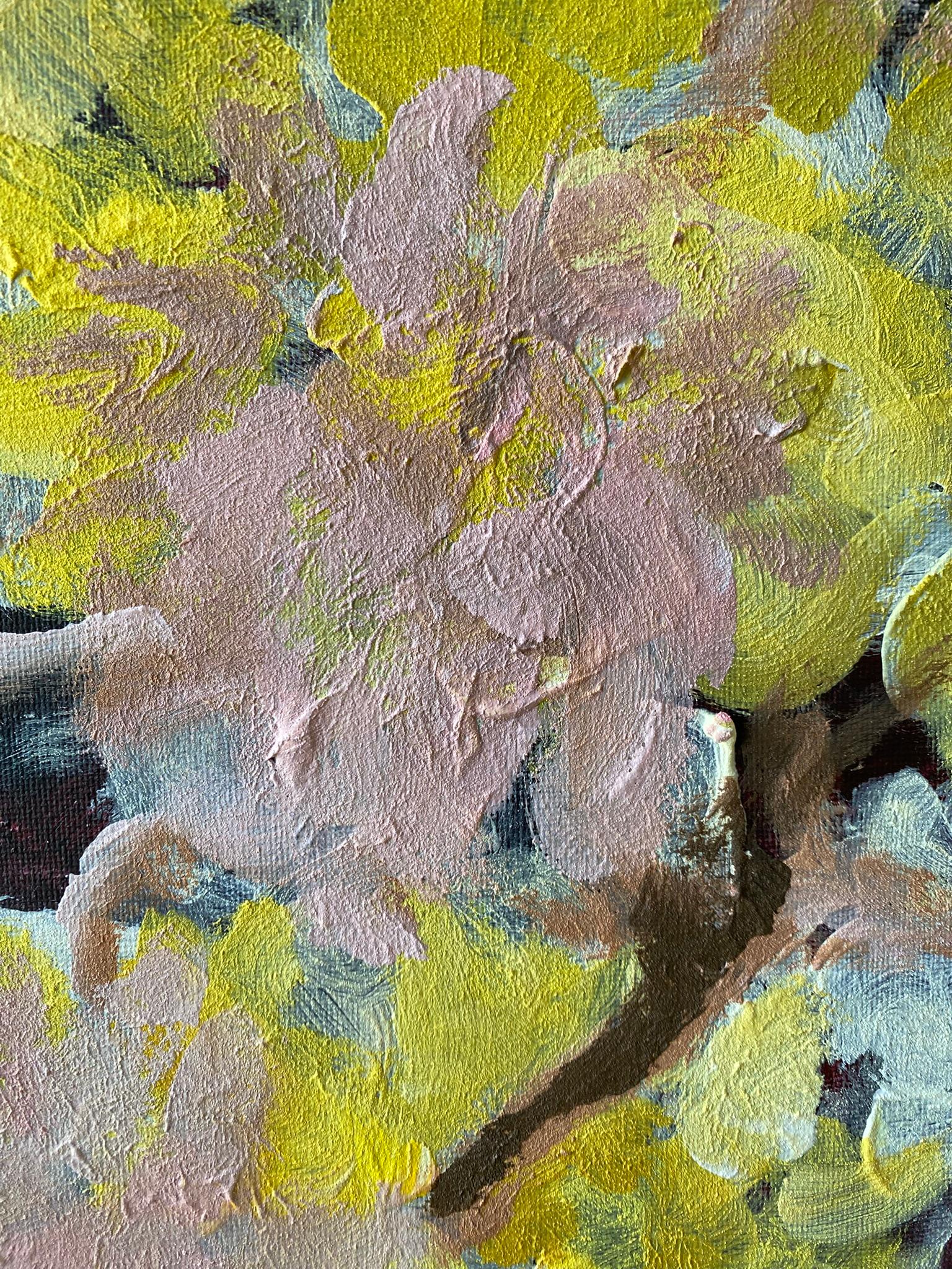 Originale-Impasto-Jardin d'Hiver-Dahlia su rosa rampicante-Artista britannico premiato in vendita 1