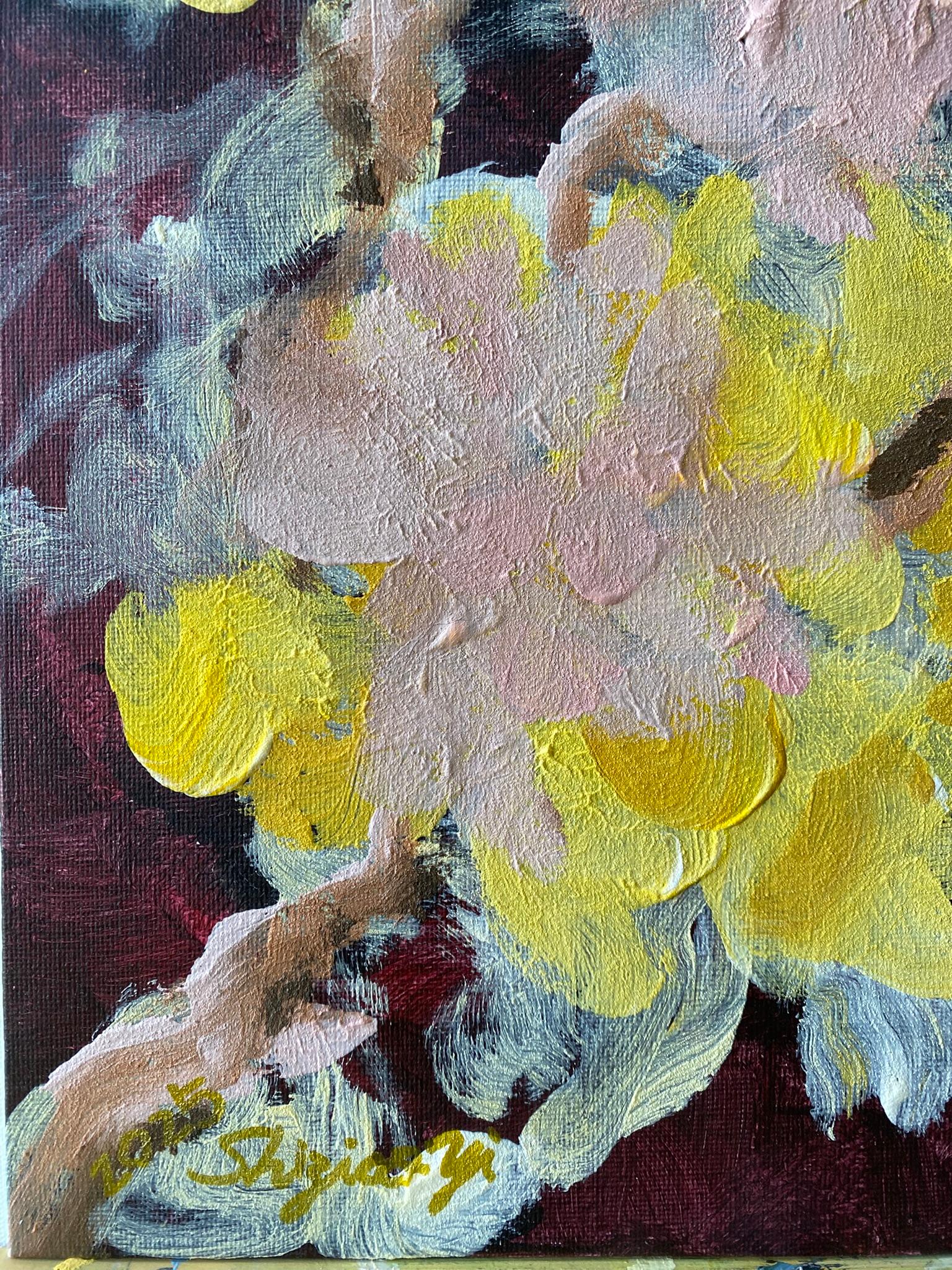 Originale-Impasto-Jardin d'Hiver-Dahlia su rosa rampicante-Artista britannico premiato in vendita 2