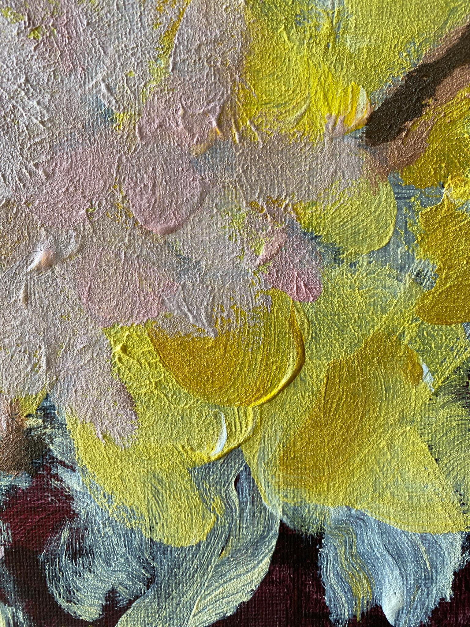 Originale-Impasto-Jardin d'Hiver-Dahlia su rosa rampicante-Artista britannico premiato in vendita 3