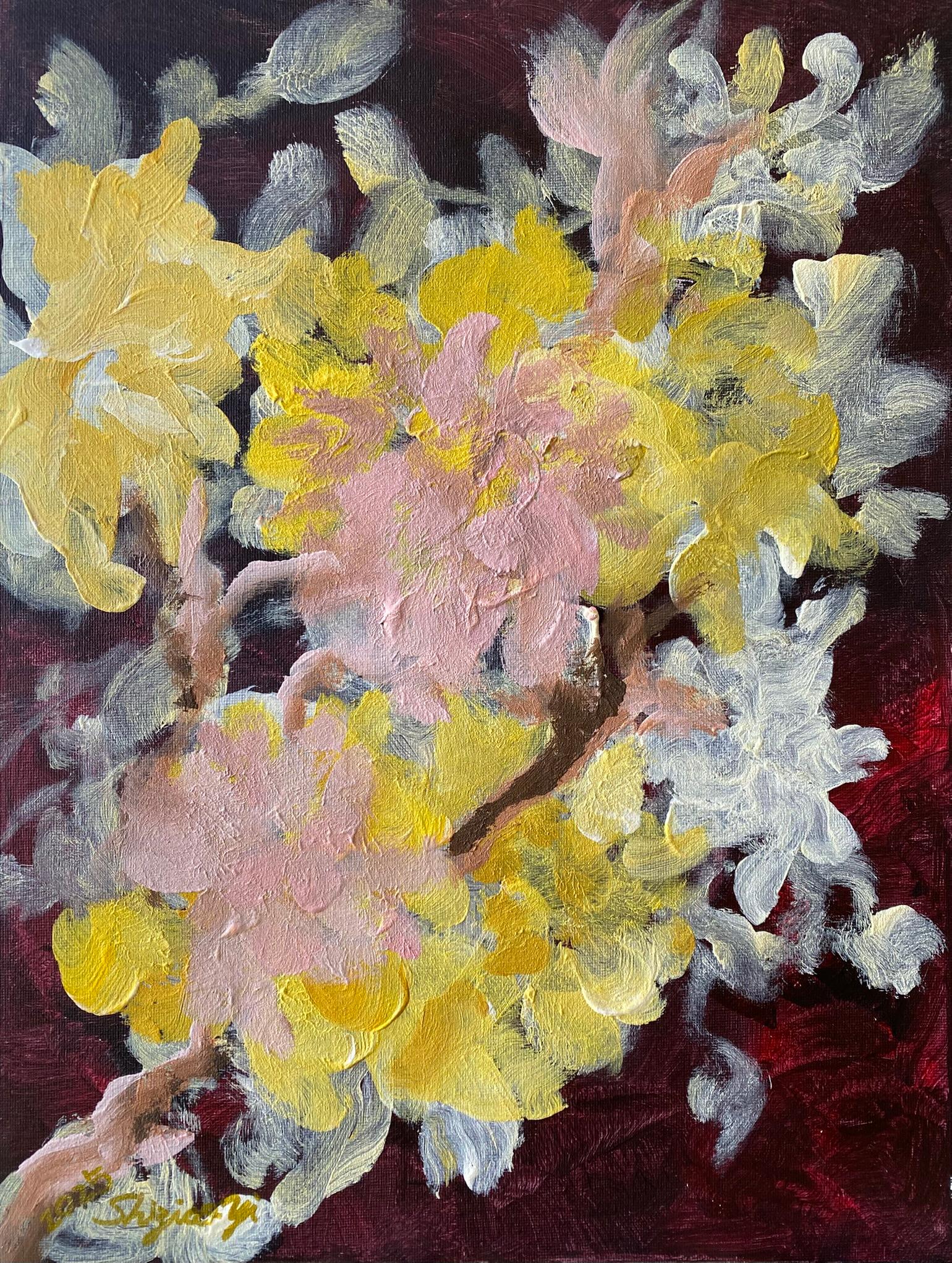 Original-Impasto-Jardin d'Hiver-Dahlia sobre rosa trepadora-Artista británico premiado