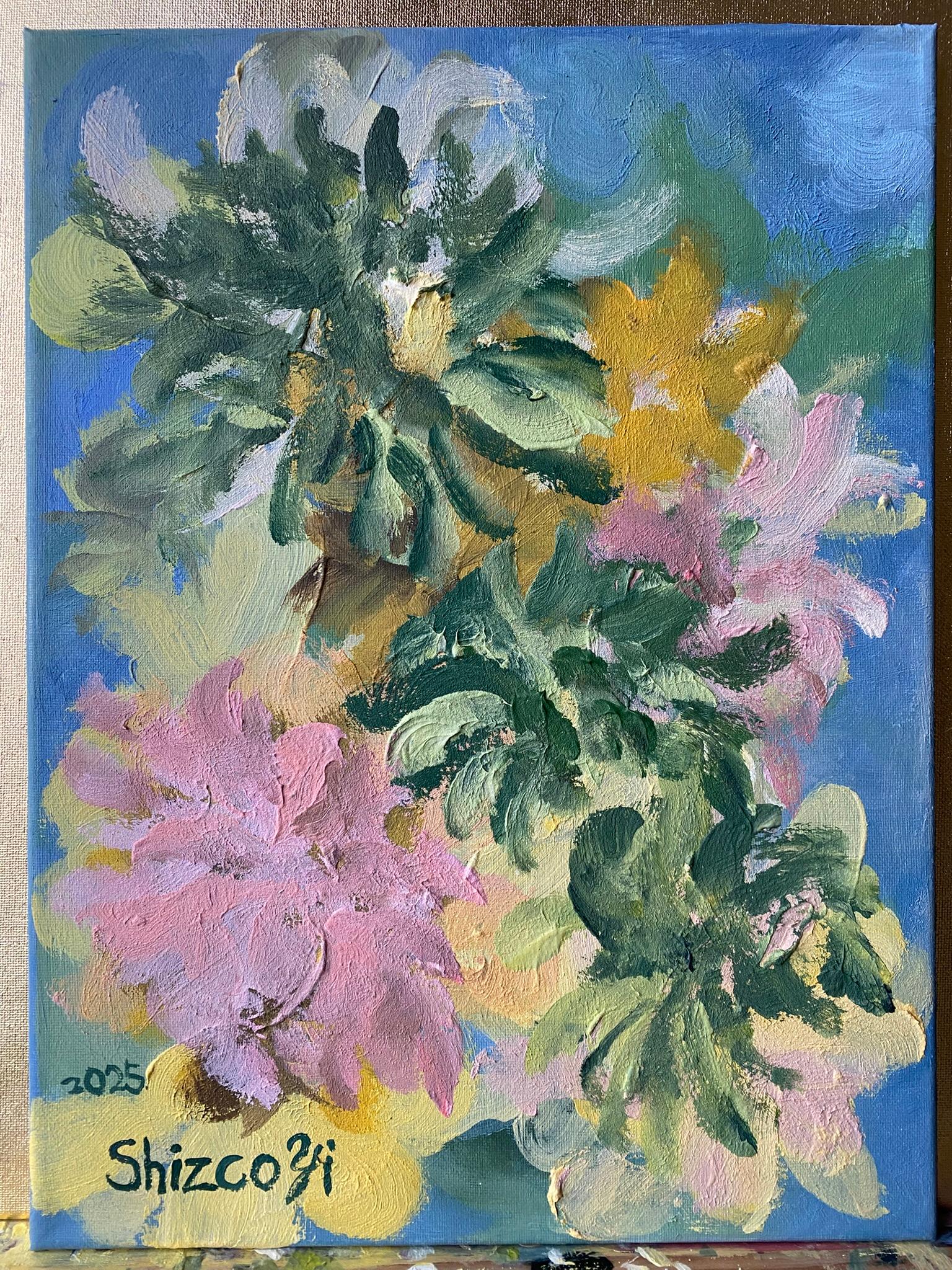 Originale-Impasto-Jardin d'Hiver Series-Dahlias-Artista britannico premiato-tela ad olio in vendita 11