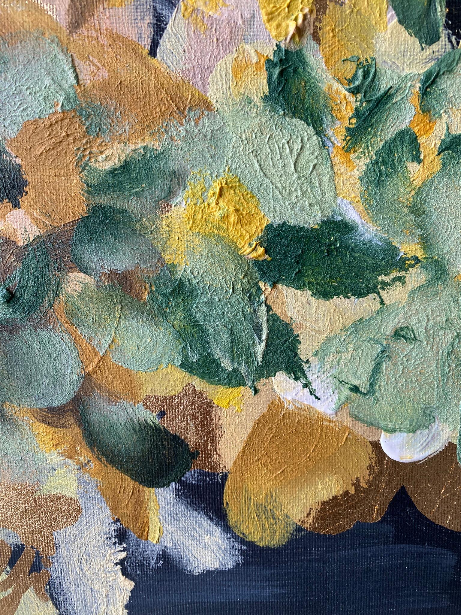 Originale-Impasto-Moonlit Dahlias-Jardin d'Hiver-Artista britannico premiato-Foglia d'oro 5