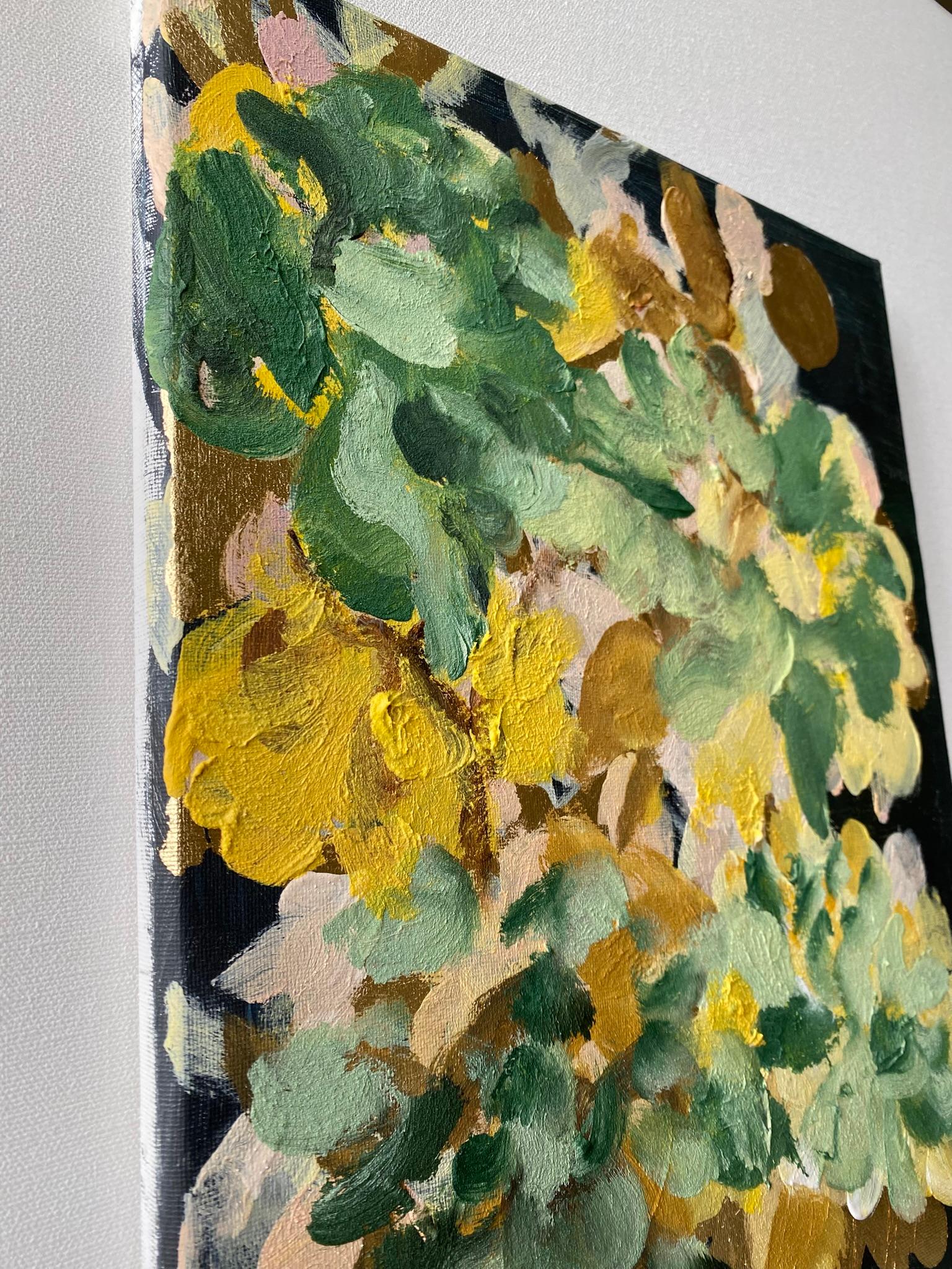 Originale-Impasto-Moonlit Dahlias-Jardin d'Hiver-Artista britannico premiato-Foglia d'oro 9