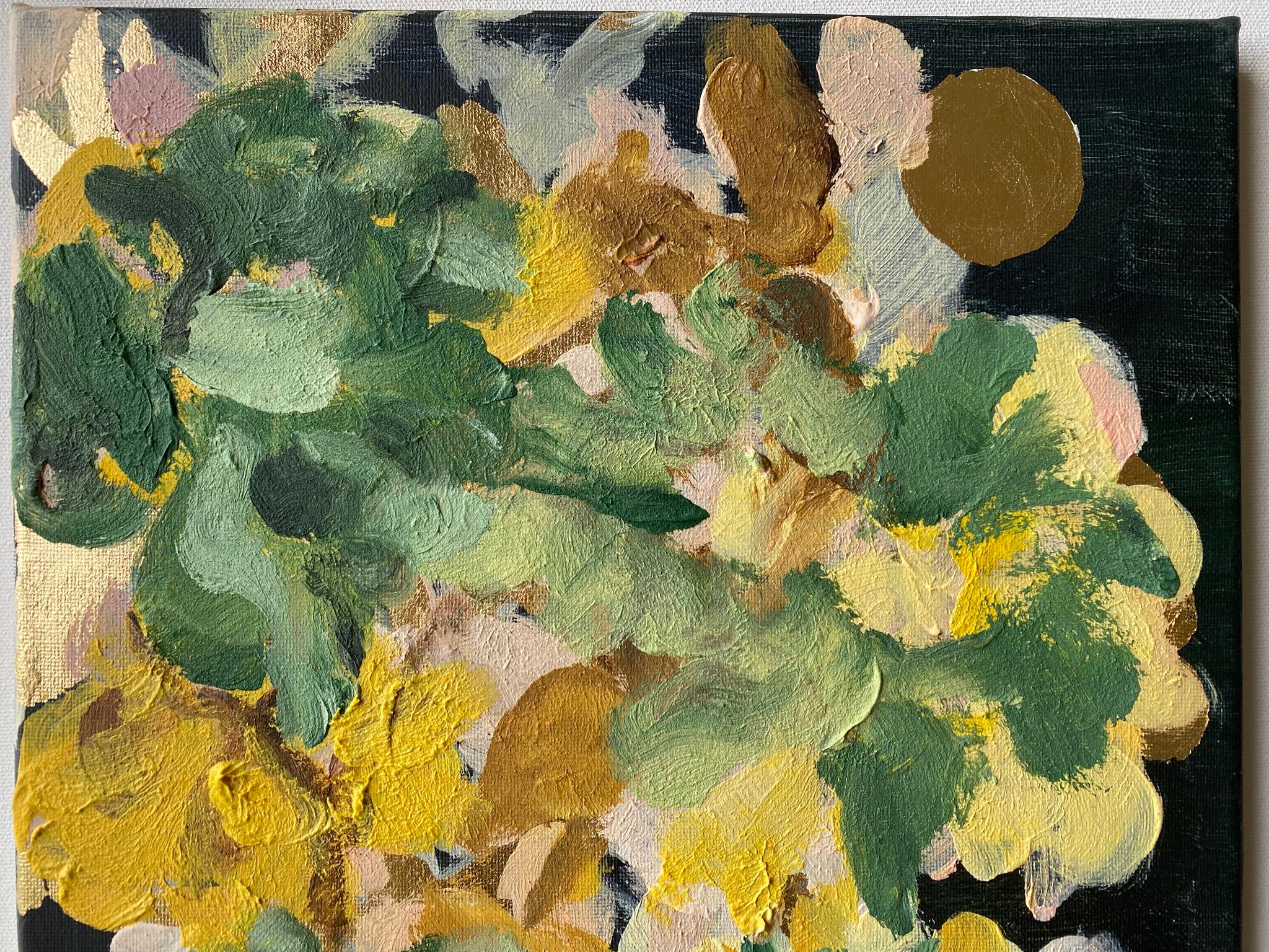 Originale-Impasto-Moonlit Dahlias-Jardin d'Hiver-Artista britannico premiato-Foglia d'oro 10