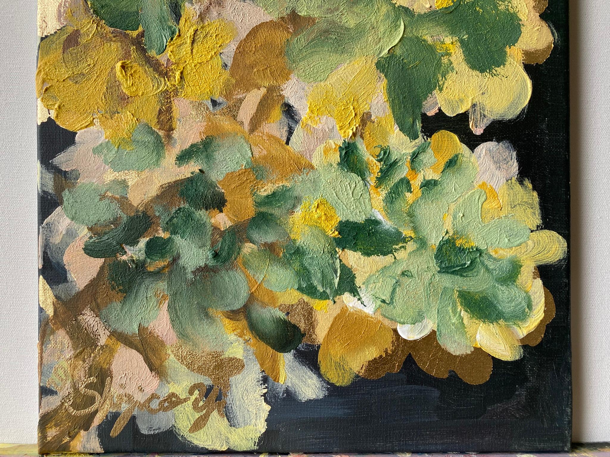 Originale-Impasto-Moonlit Dahlias-Jardin d'Hiver-Artista britannico premiato-Foglia d'oro 11