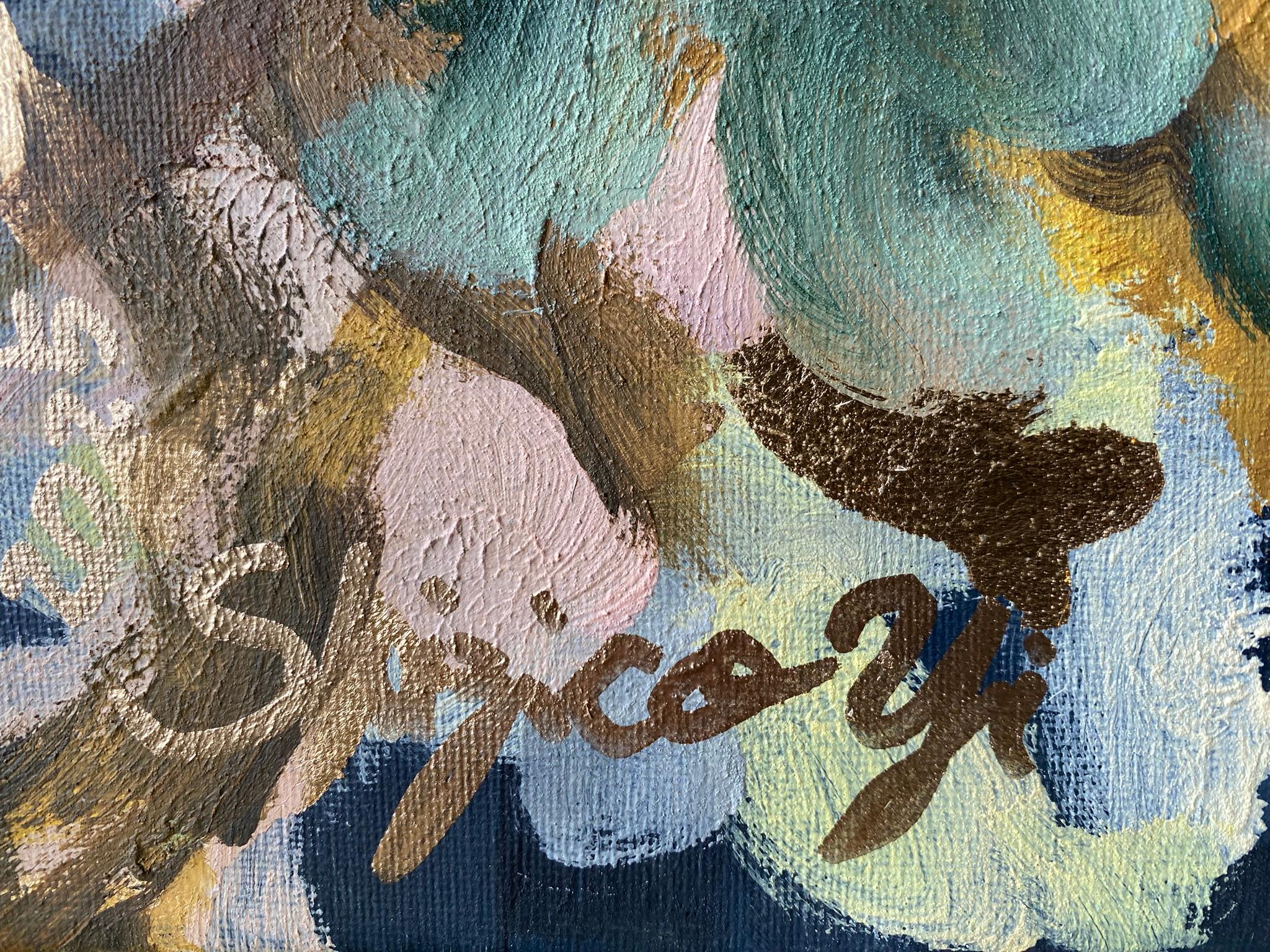 Originale-Impasto-Moonlit Dahlias-Jardin d'Hiver-Artista britannico premiato-Foglia d'oro 12