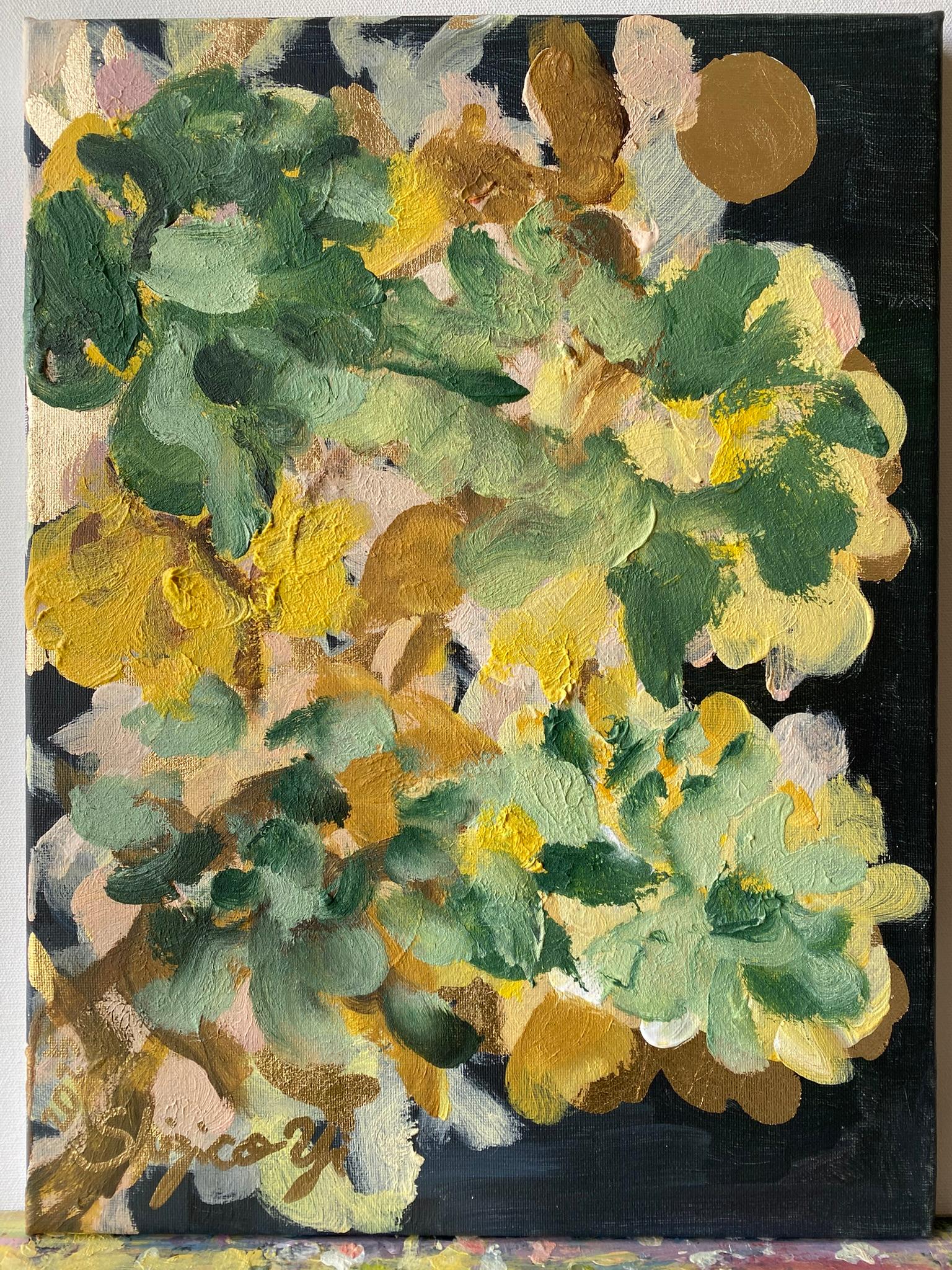 Originale-Impasto-Moonlit Dahlias-Jardin d'Hiver-Artista britannico premiato-Foglia d'oro 13