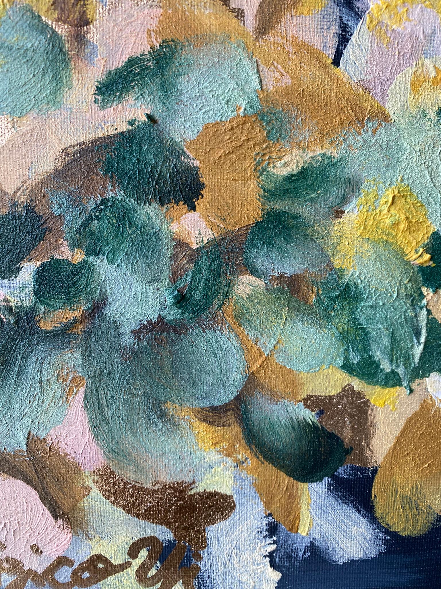 Originale-Impasto-Moonlit Dahlias-Jardin d'Hiver-Artista britannico premiato-Foglia d'oro 1