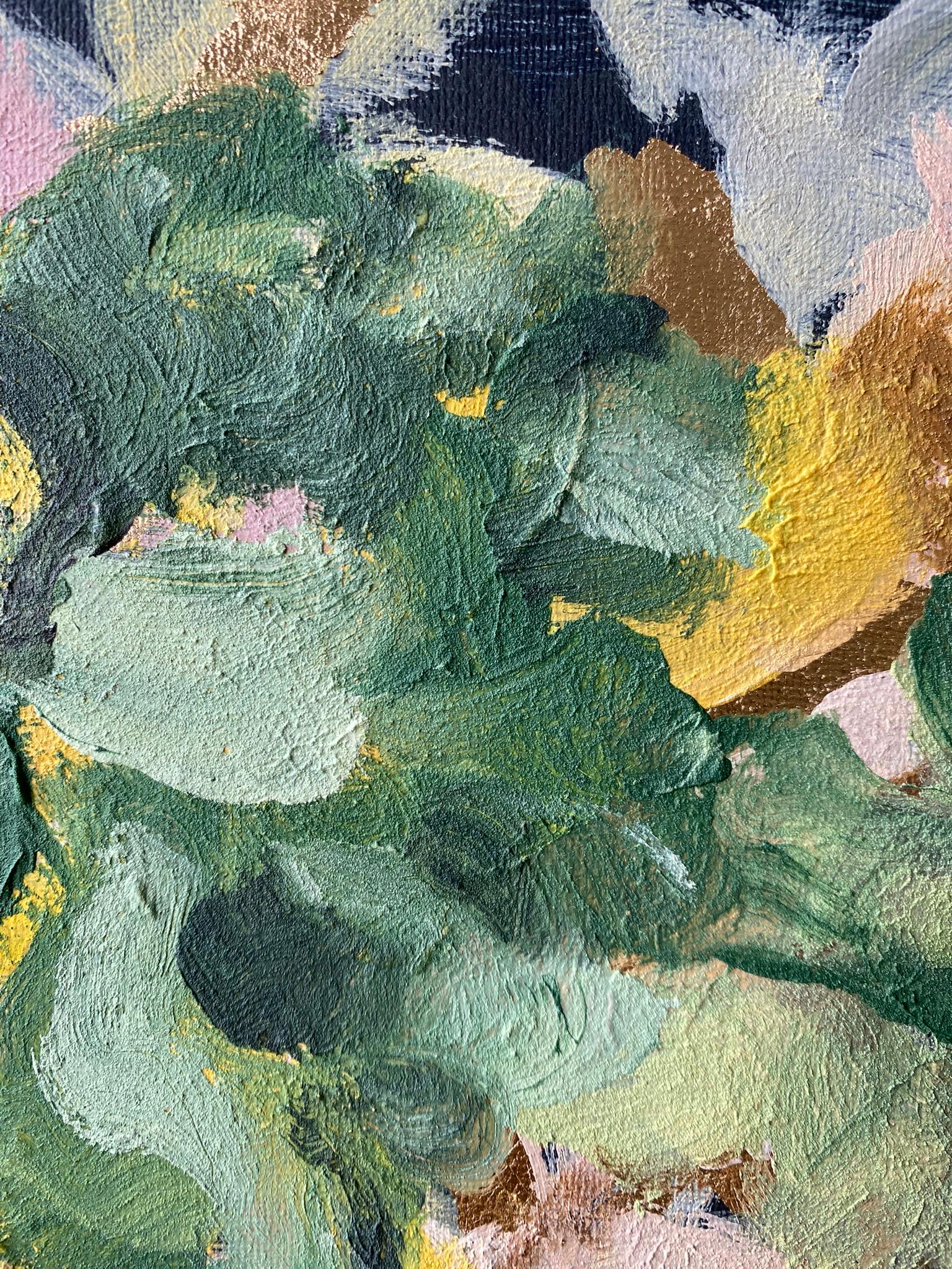 Originale-Impasto-Moonlit Dahlias-Jardin d'Hiver-Artista britannico premiato-Foglia d'oro 3