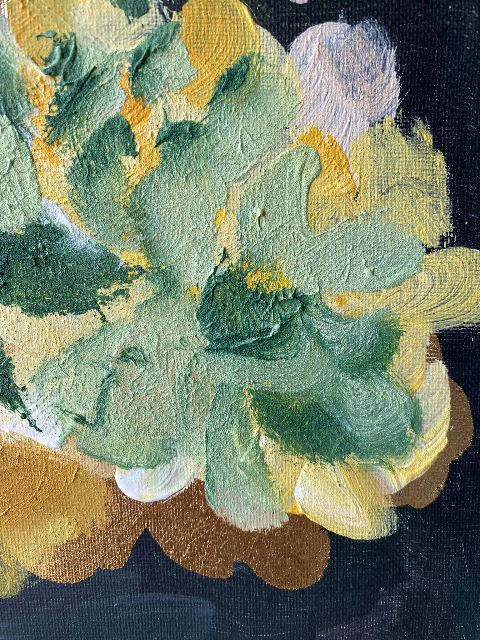 Originale-Impasto-Moonlit Dahlias-Jardin d'Hiver-Artista britannico premiato-Foglia d'oro 4