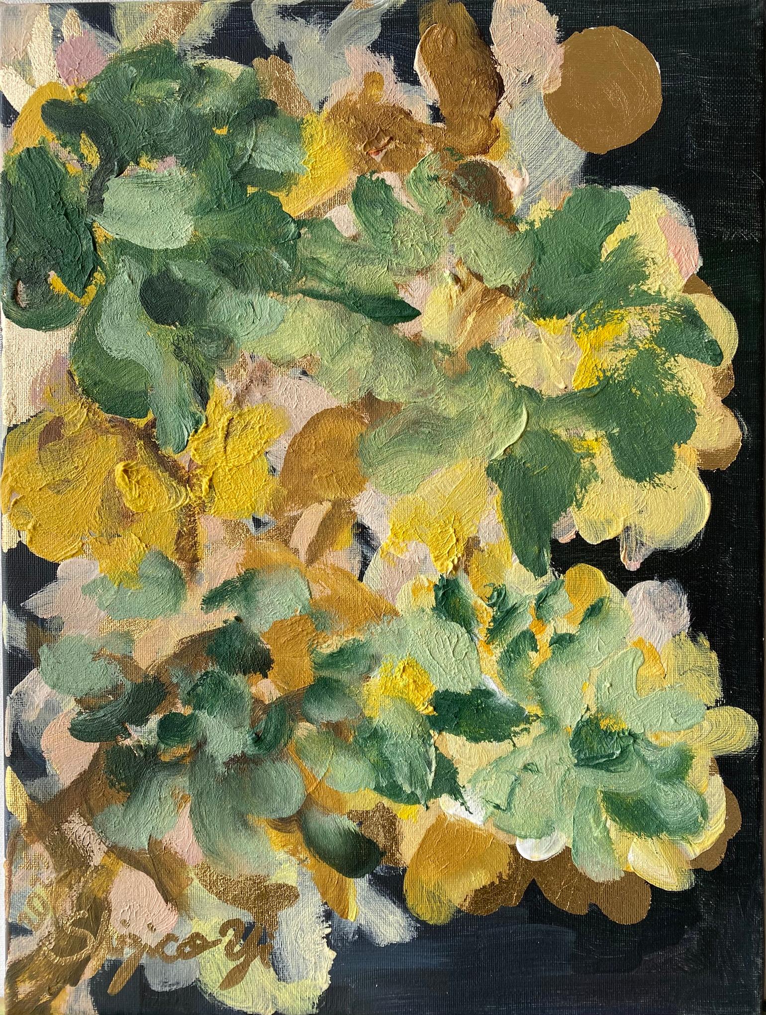 Original-Impasto-Moonlit Dahlias-Jardin d'Hiver-British Awarded Artist-Phoja de oro