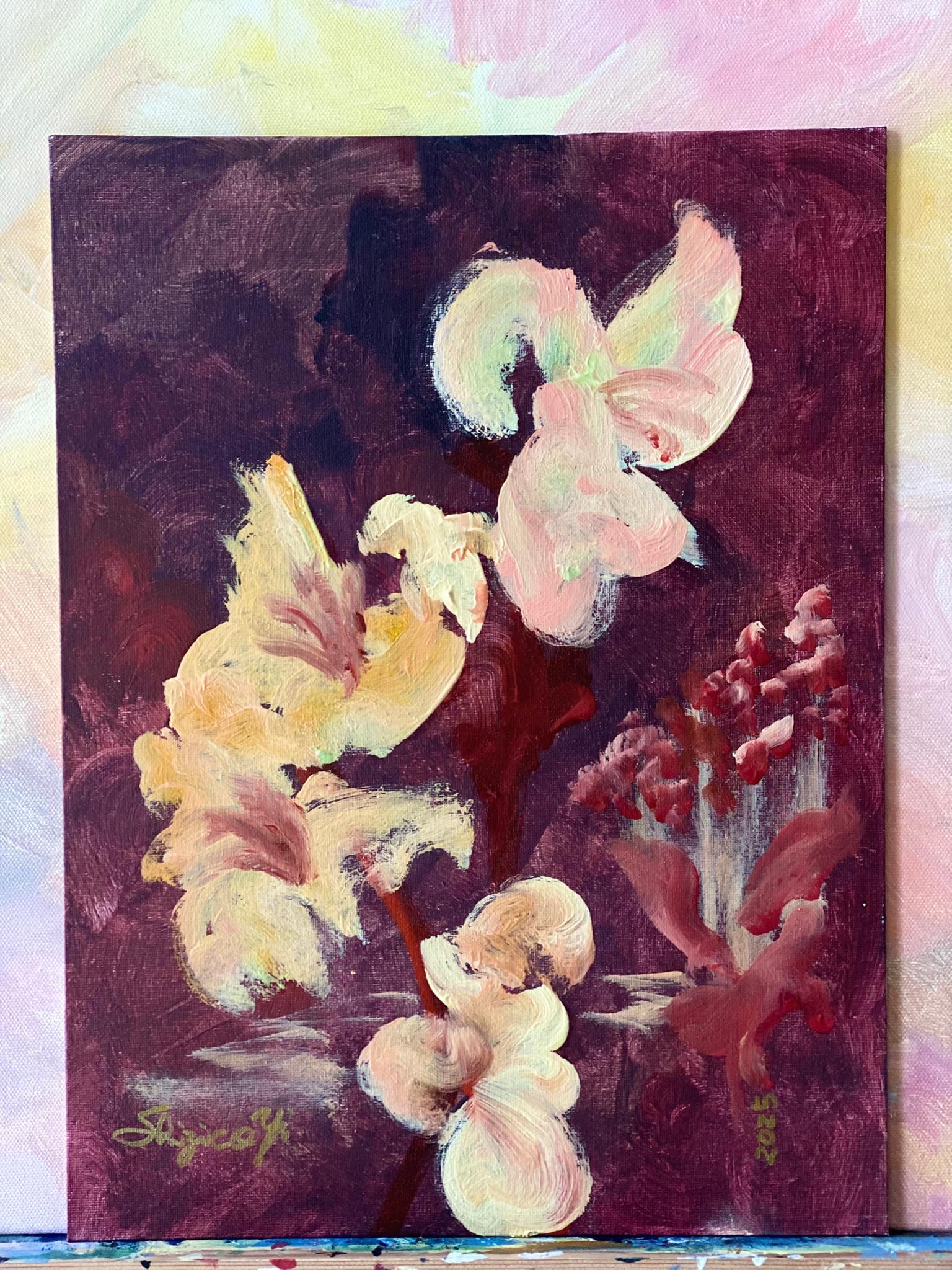 Original-Jardin d'Automne-British Awarded Artist-Gladiolus-Elderberries-oil - Abstract Impressionist Painting by Shizico Yi