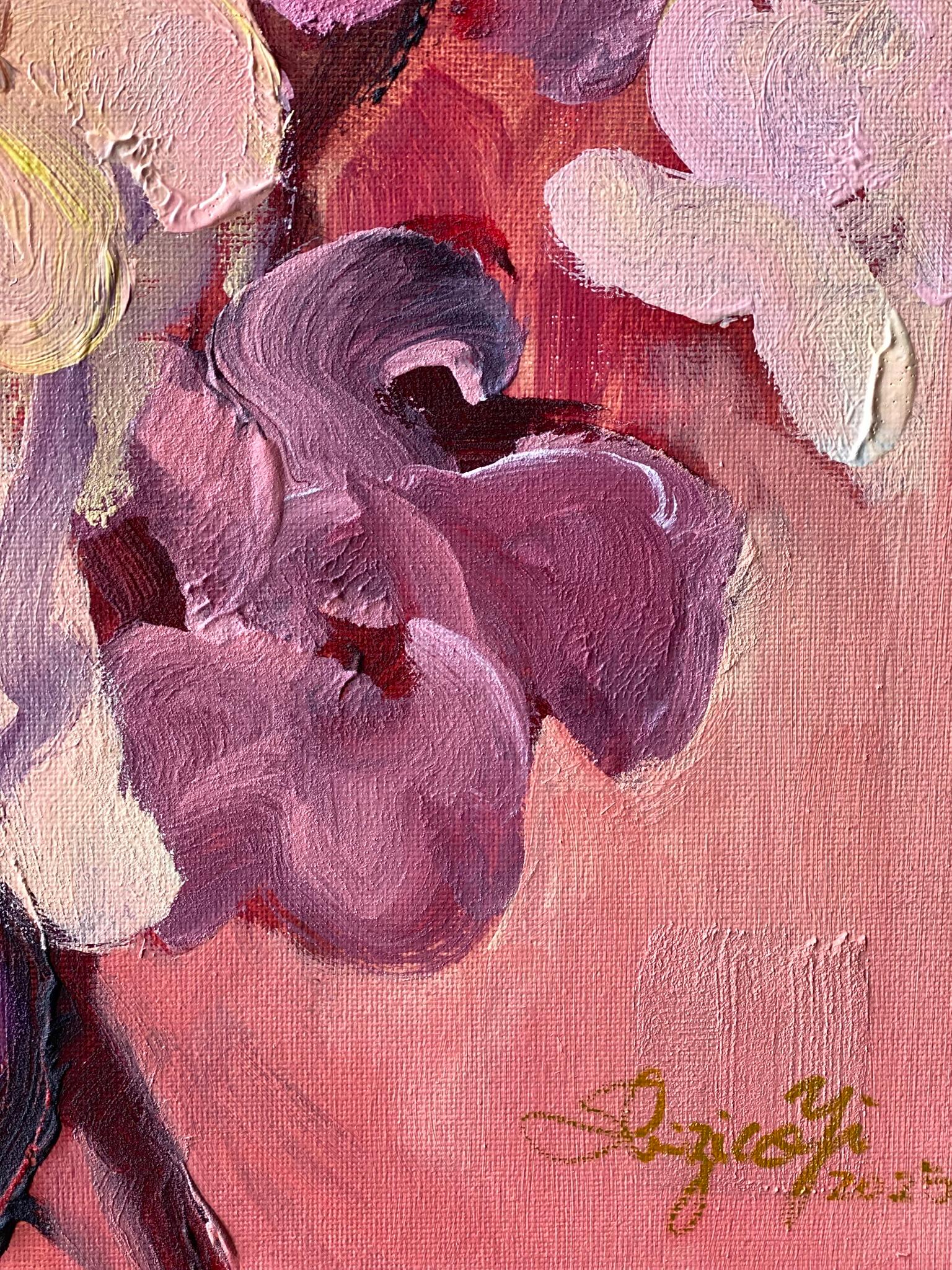 Original-Jardin d'Automne-British Awarded Artist-Gladiolen-Pleinwand-Öl-Leinwand (Pink), Landscape Painting, von Shizico Yi