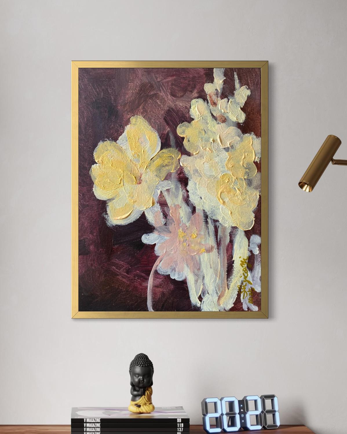 Original-Jardin d'Hiver-Gladiolus with Dahlias-British Awarded Artist-Impasto - Painting by Shizico Yi