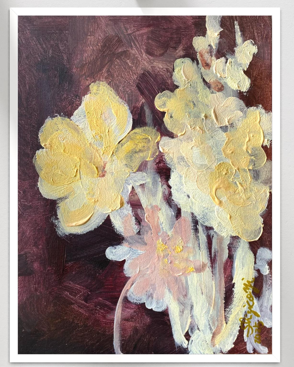 Original-Jardin d'Hiver-Gladiolus with Dahlias-British Awarded Artist-Impasto - Abstract Impressionist Painting by Shizico Yi