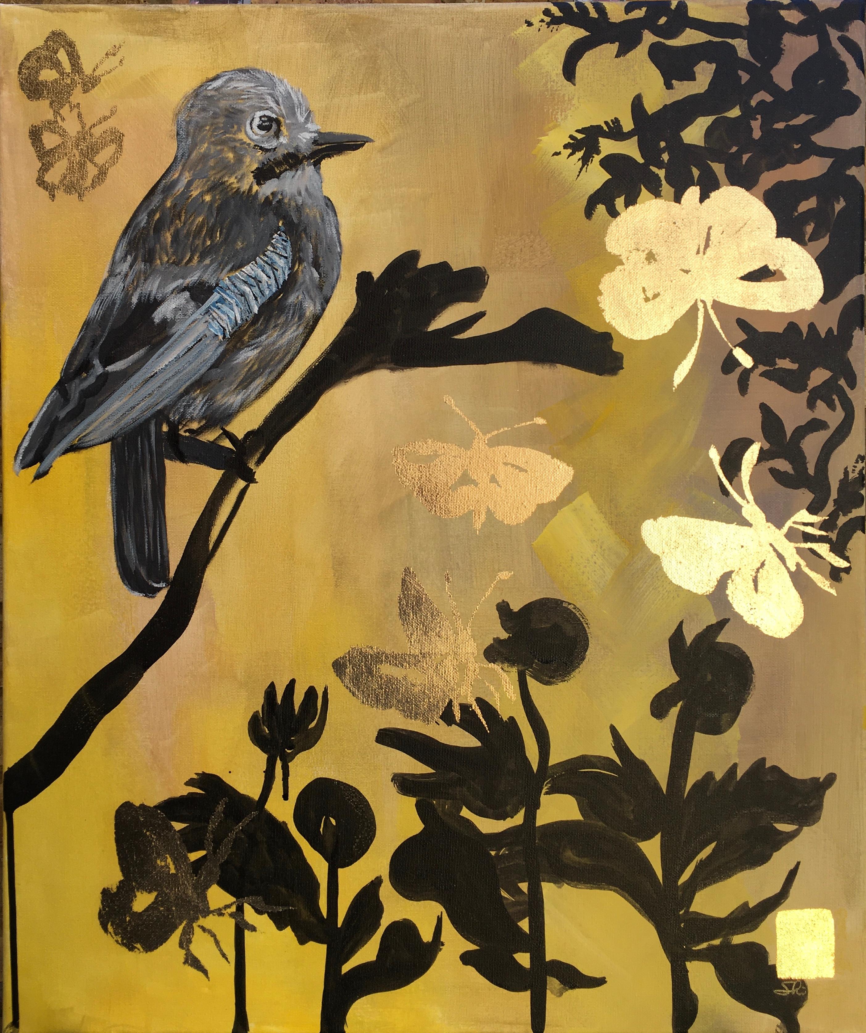 Shizico Yi Animal Painting – Original-Jay and Butterflies-Abstract-Expression-Goldblatt-UK ausgezeichneter Künstler