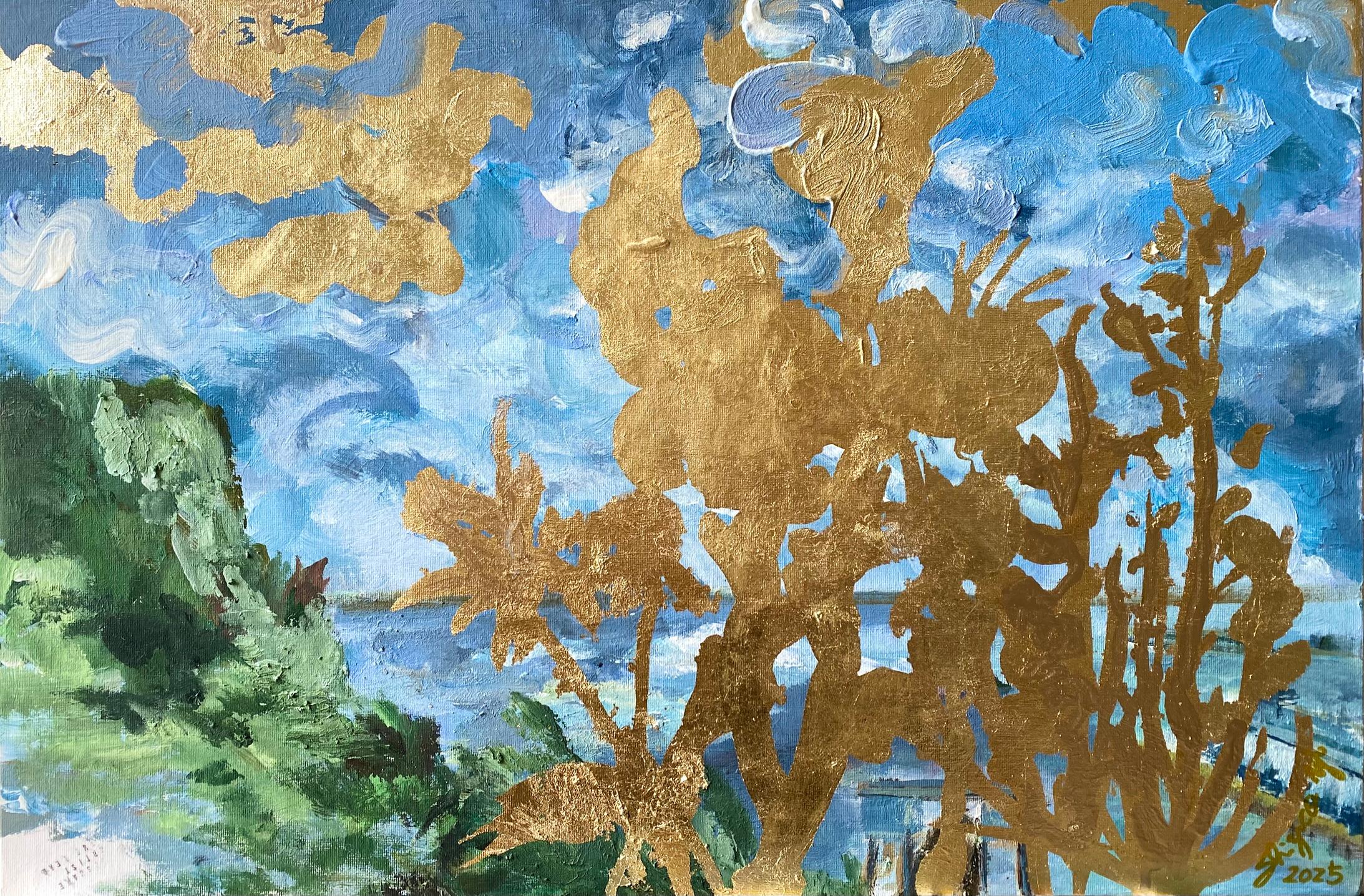 Shizico Yi Abstract Painting - Original-Landscape Memory-Large Seascape-British Awarded Artist-Gold Leaf, Oil