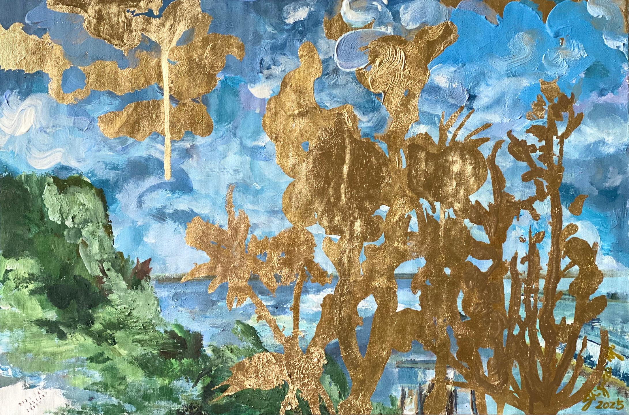 Original-Landscape Memory-Large Seascape-British Awarded Artist-Gold Leaf, Oil - Abstract Impressionist Painting by Shizico Yi